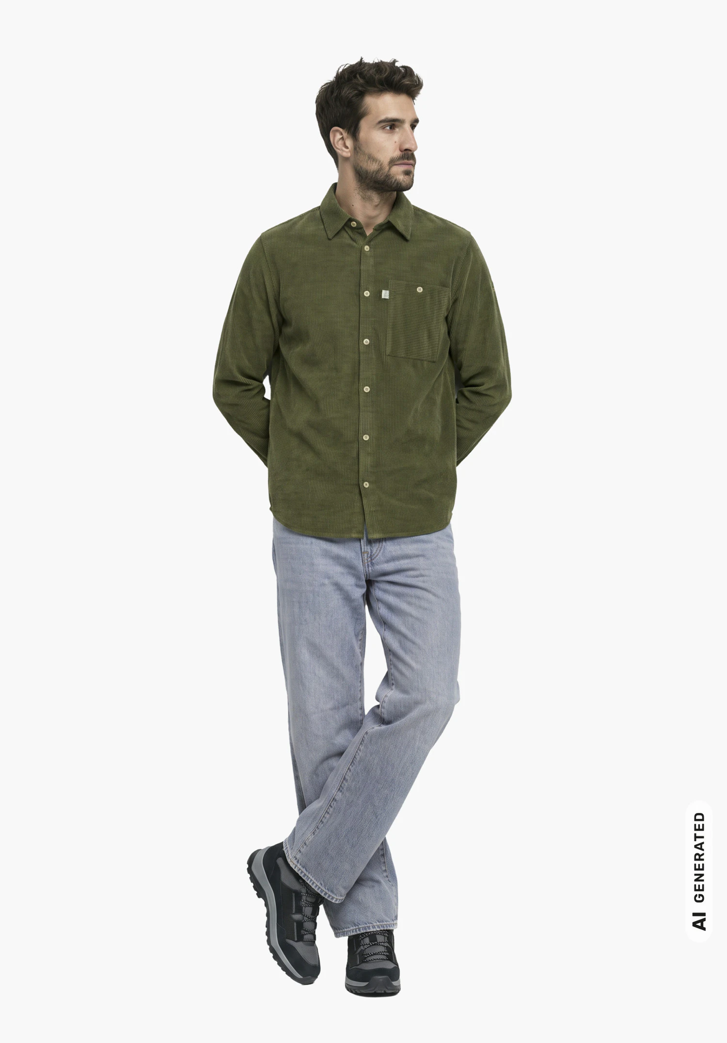Shirt Style Libereo MEN in green, worn by a male model with arms crossed behind his back in a side view against a white background. (AI-generated)
