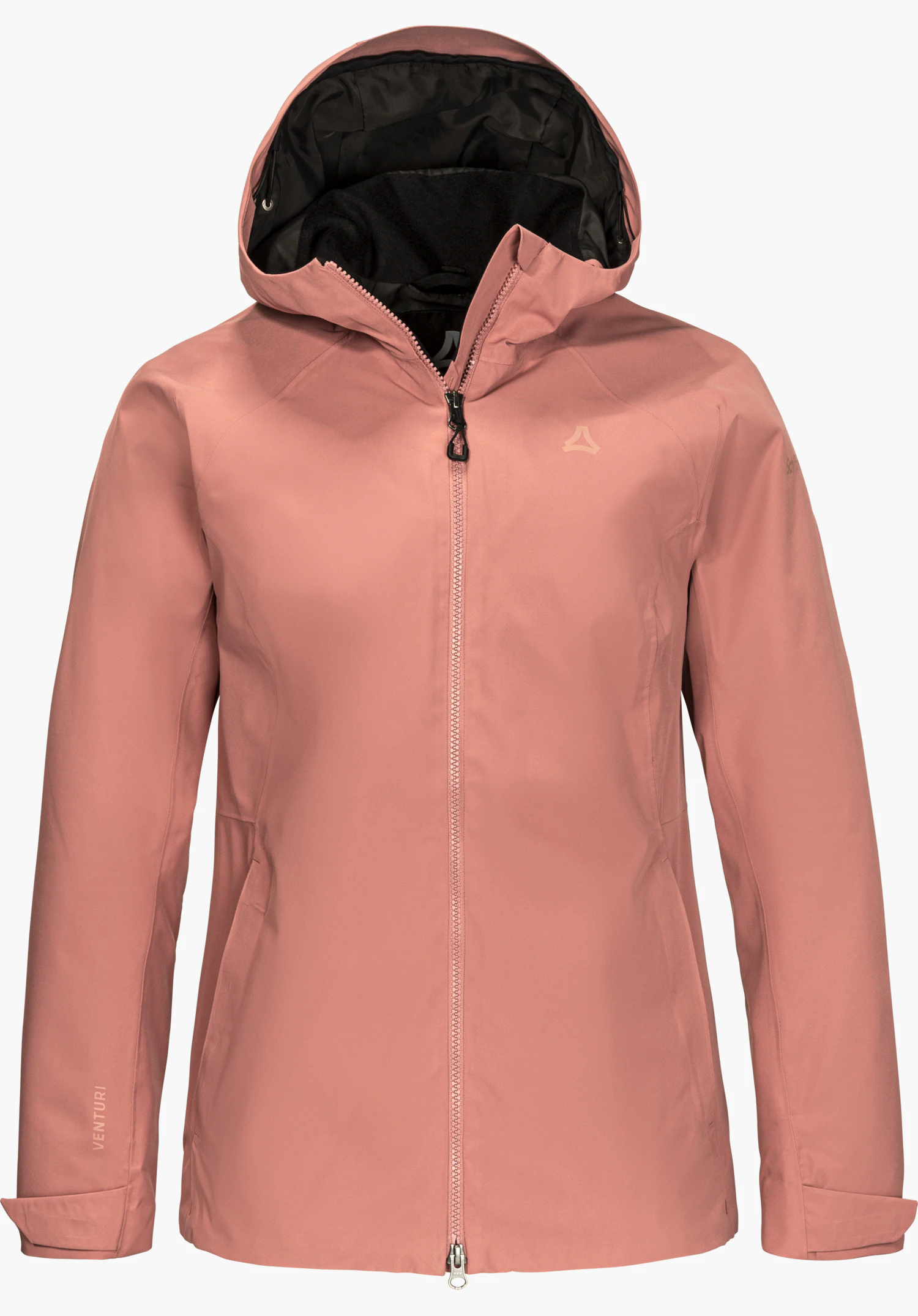 Jacket Style Yew WMN in pink with a hood, full-length zipper and Schöffel logo on the chest, shown from the front and isolated on a white background.