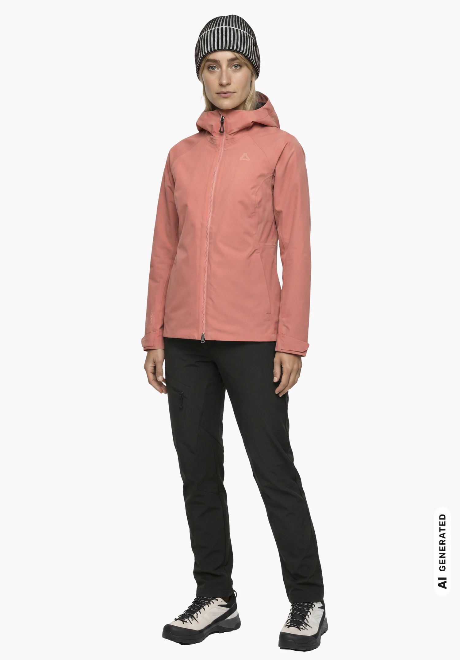 Jacket Style Yew WMN en rose avec le logo Schöffel, porté par un mannequin femme en vue latérale avec une posture droite et les bras le long du corps sur fond blanc. (Généré par IA)