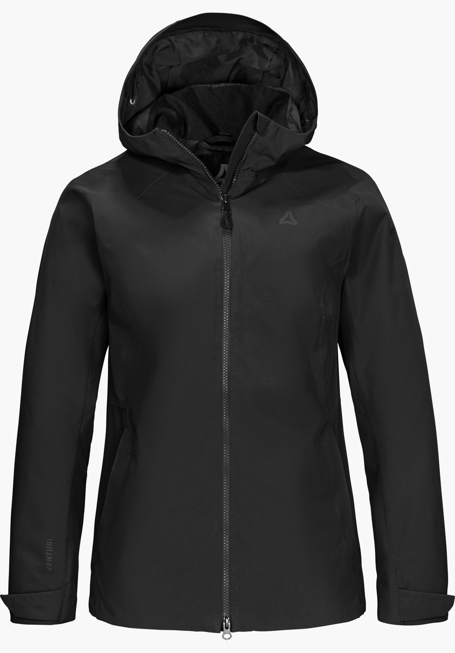 Jacket Style Yew WMN in black with a hood and Schöffel logo, shown from the front and isolated on a white background.