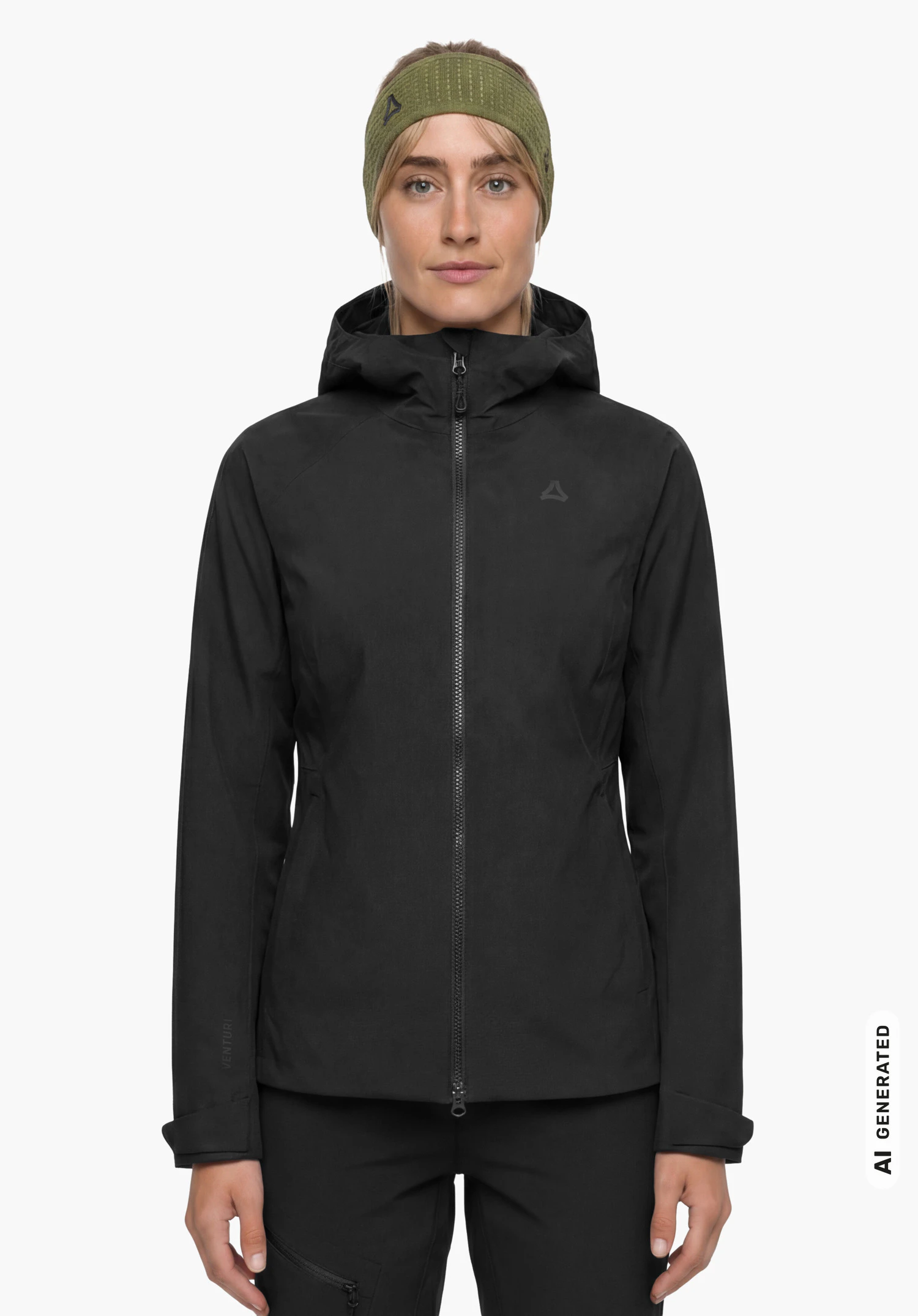 Jacket Style Yew WMN in black with Schöffel logo, worn by a female model shown from the front standing upright with arms hanging down against a white background. (AI-generated)