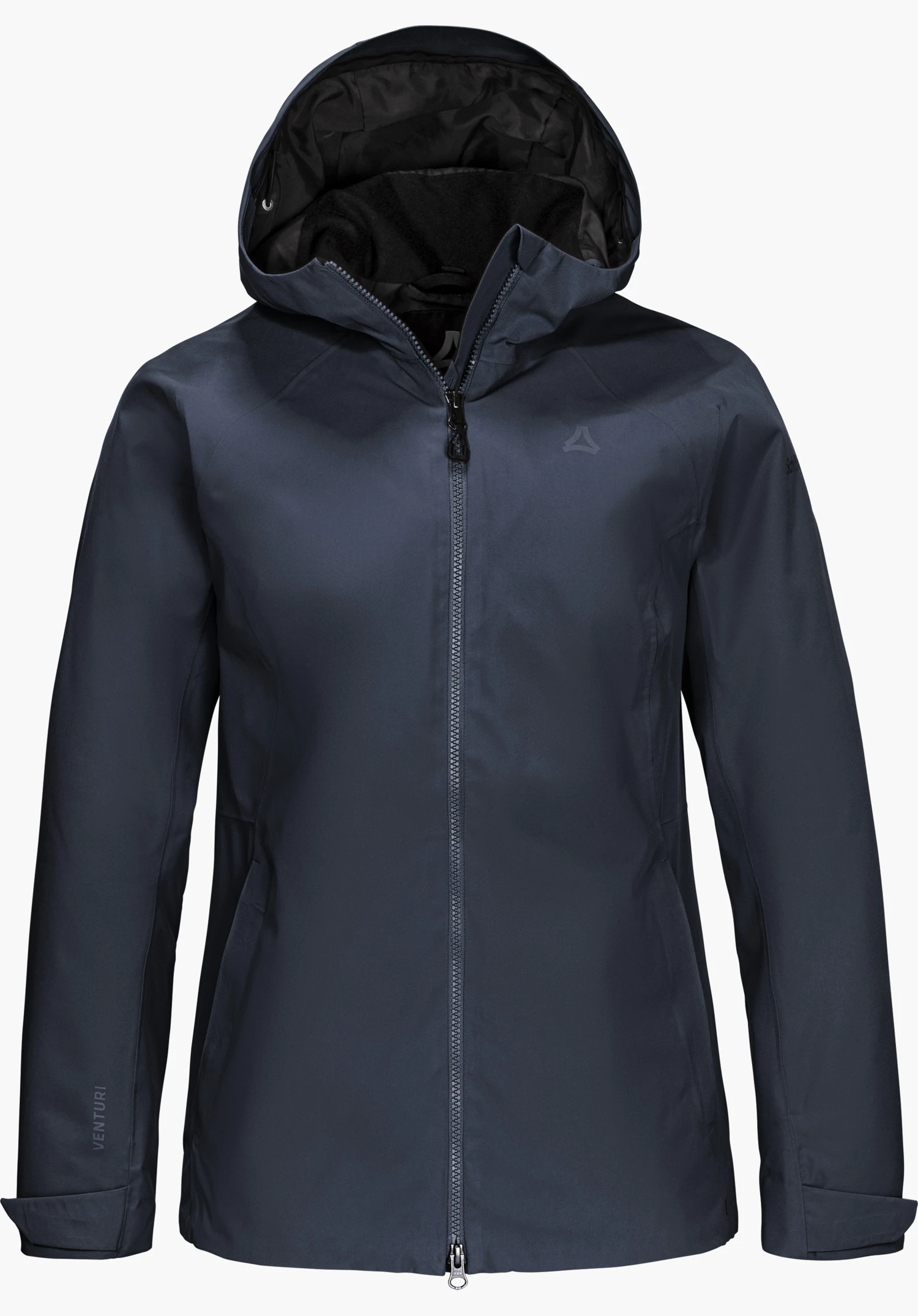 Jacket Style Yew WMN in blue with a hood, full-length zipper and visible Schöffel logo, shown from the front and isolated on a white background.