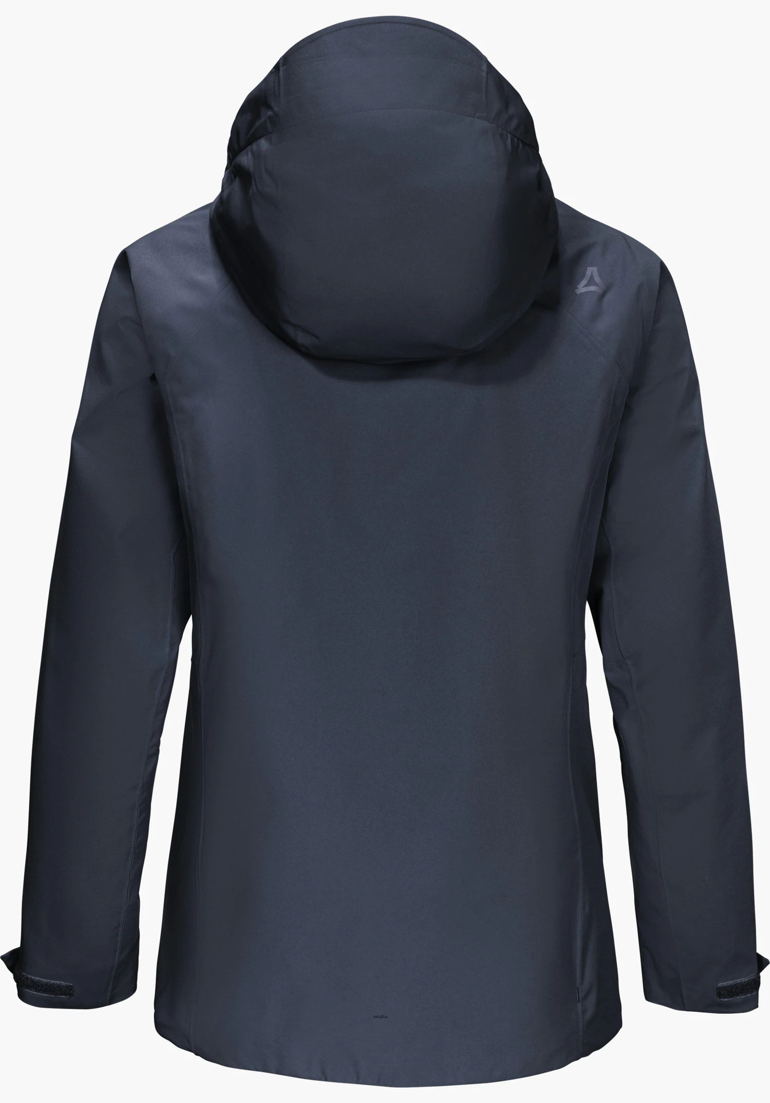 Jacket Style Yew WMN en bleu, vue de dos avec capuche et logo Schöffel, détourée sur fond blanc.