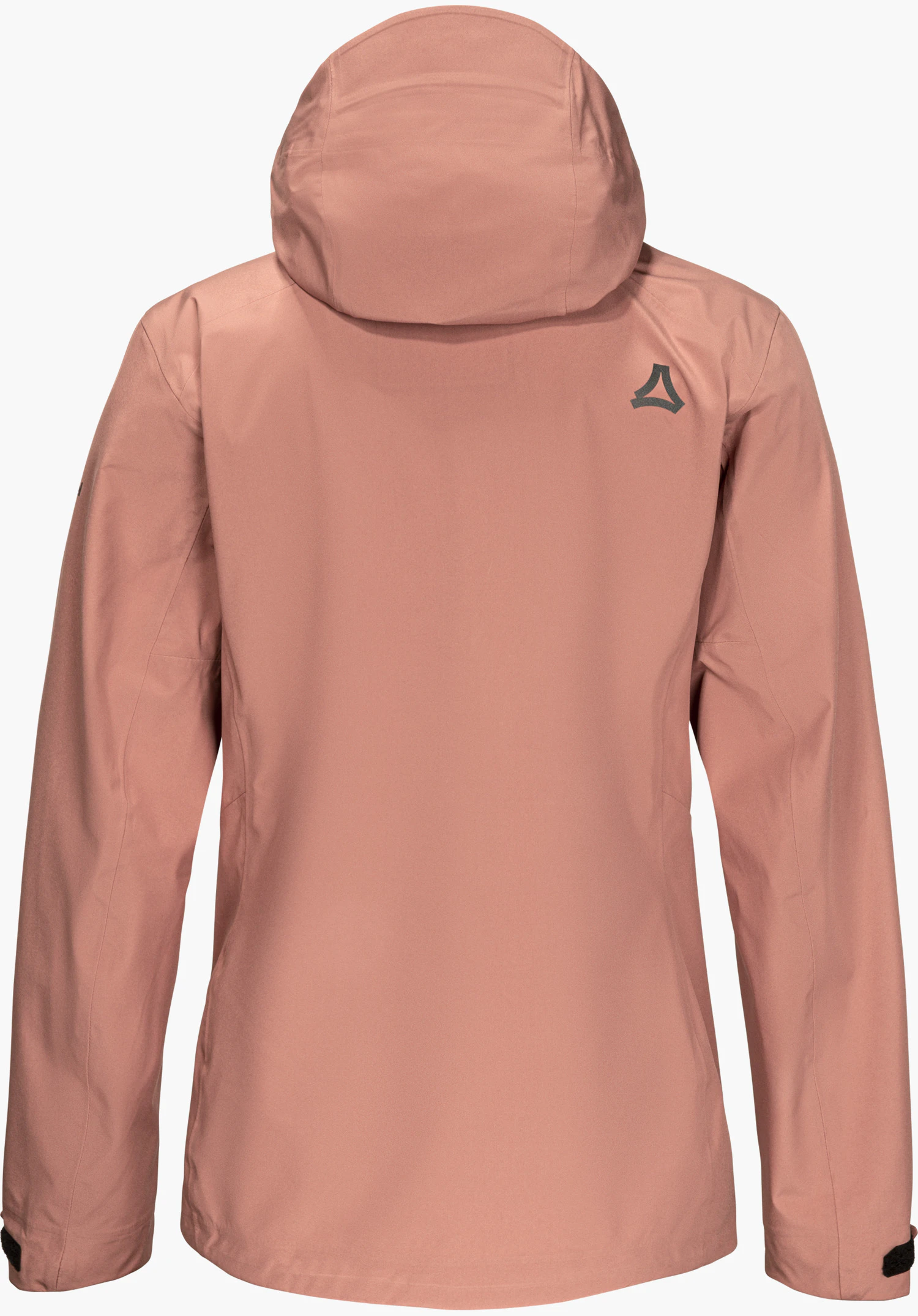 Jacket Style Cascata WMN en rose, vue de dos avec capuche et logo Schöffel sur l’épaule droite, détourée sur fond blanc.