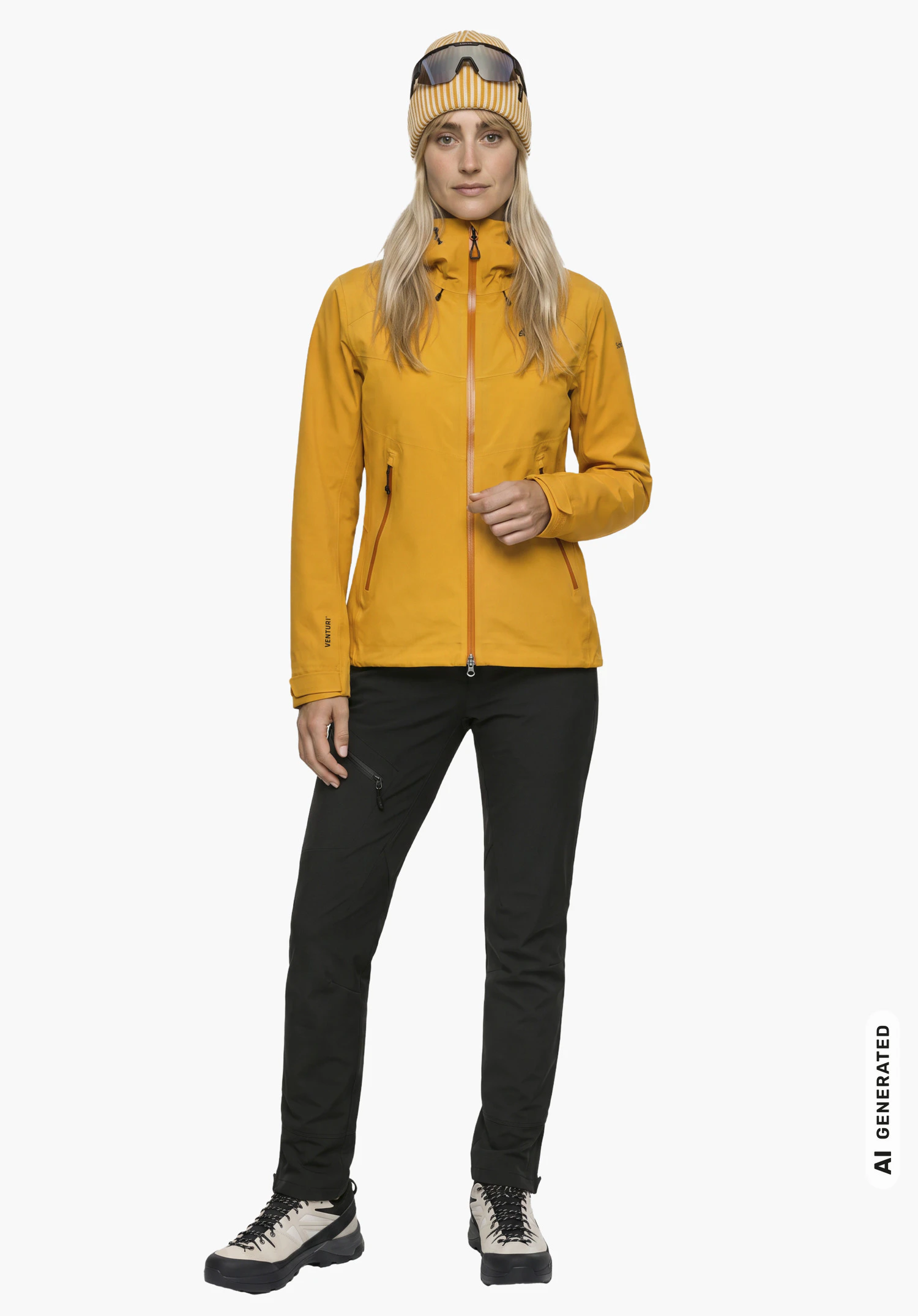 Jacket Style Cascata WMN en jaune, porté par un mannequin femme debout avec la veste fermée et une main sur la fermeture éclair en vue de face sur fond blanc. (Généré par IA)