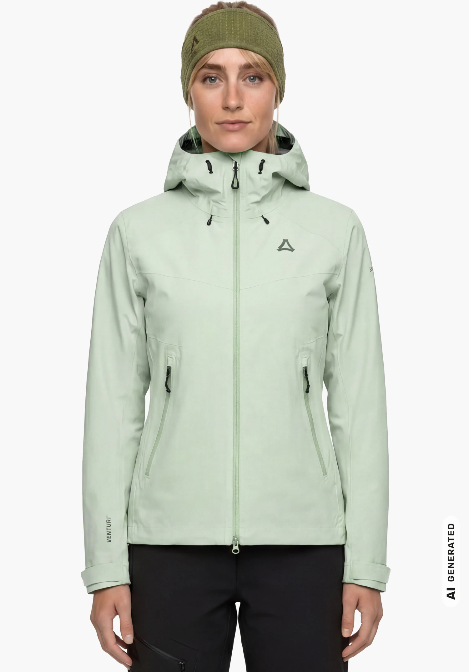 Jacket Style Cascata WMN in green with Schöffel logo, worn by a female model shown from the front standing upright with arms hanging down against a white background. (AI-generated)