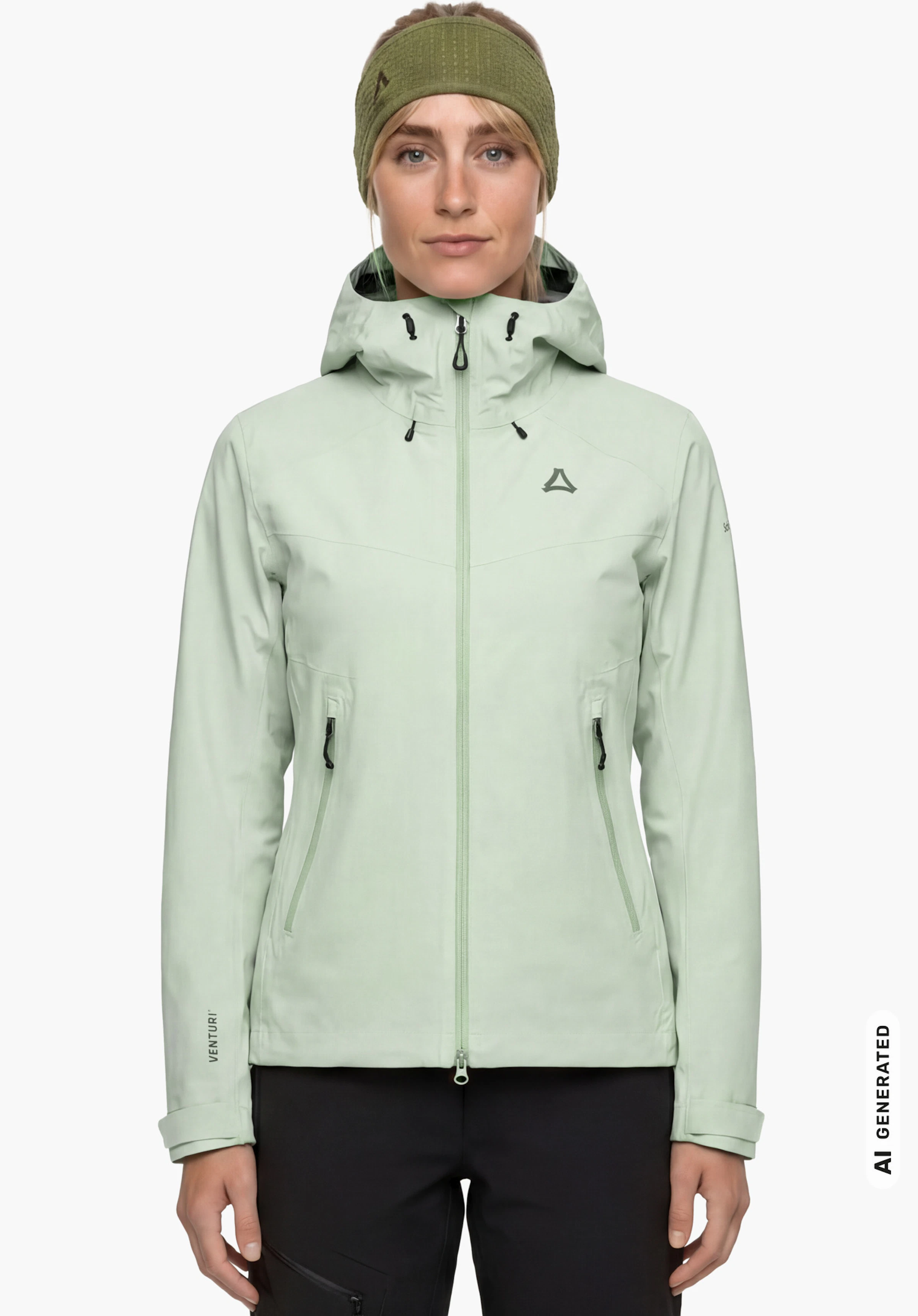 Jacket Style Cascata WMN in groen met Schöffel-logo, gedragen door een vrouwelijk model dat rechtop staat en van voren wordt getoond met de armen langs het lichaam tegen een witte achtergrond. (AI-gegenereerd)