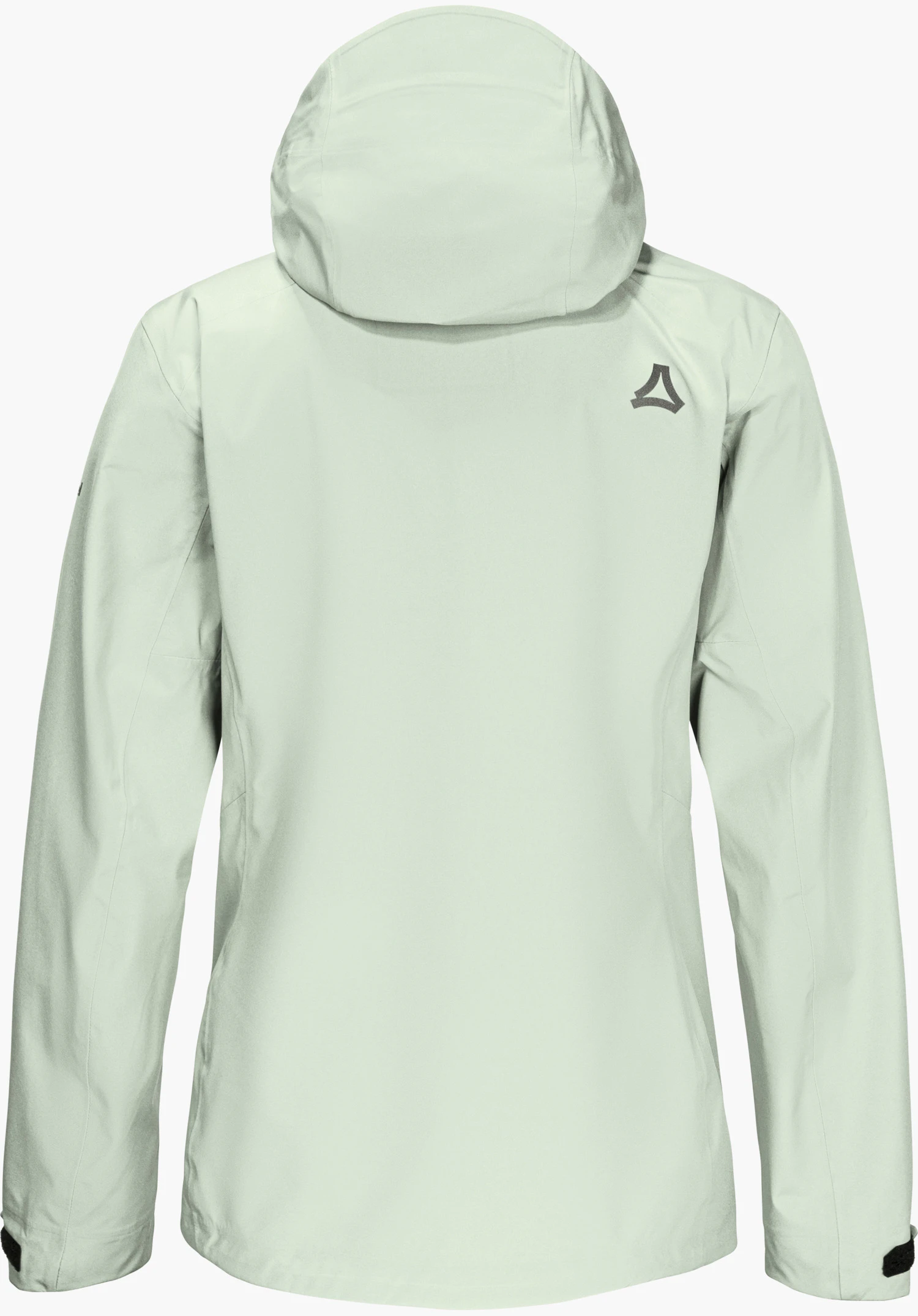 Jacket Style Cascata WMN en vert, vue de dos avec capuche et logo Schöffel, détourée sur fond blanc.