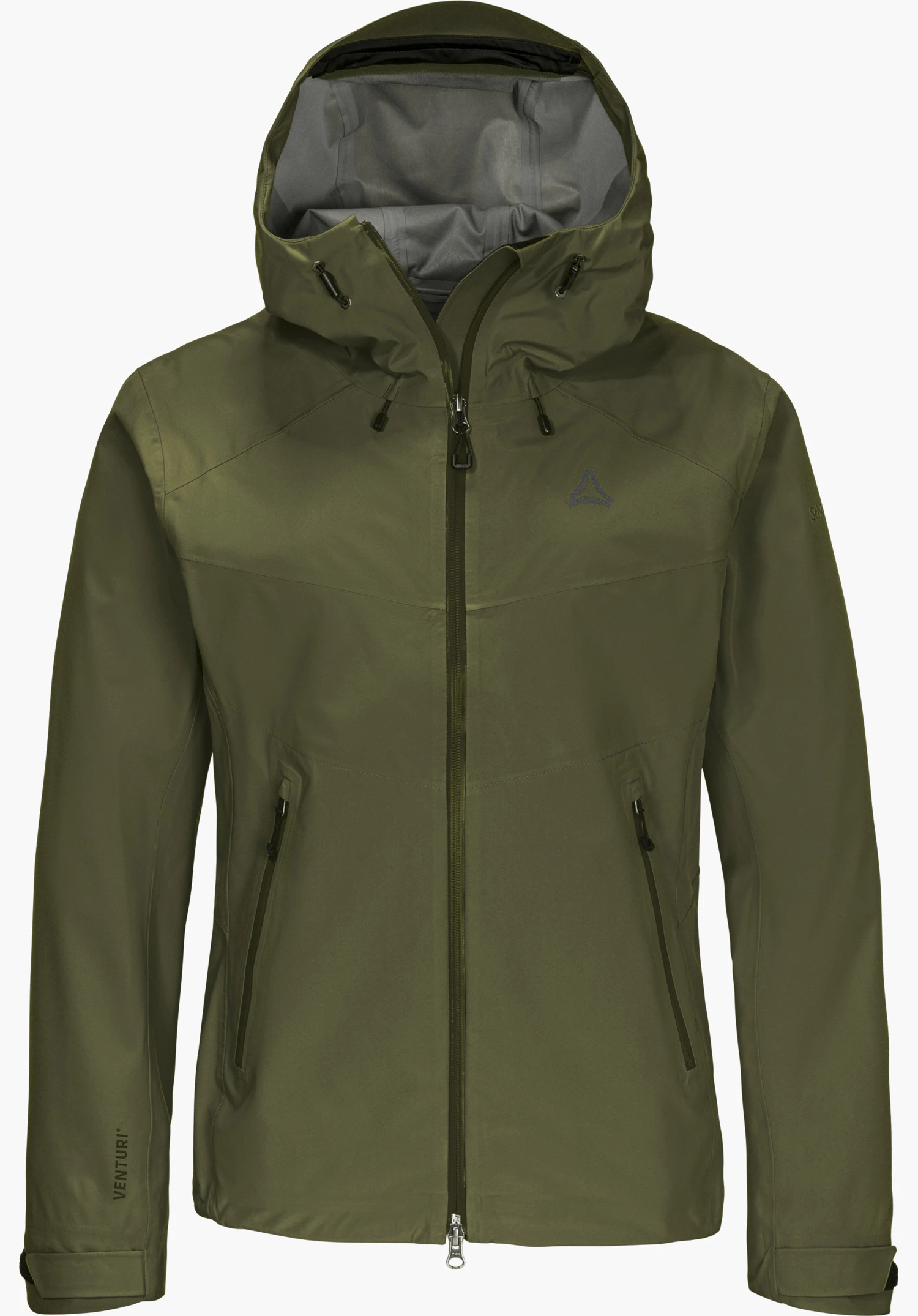 Jacket Style Cascata WMN in green with a hood and Schöffel logo, shown from the front and isolated on a white background.