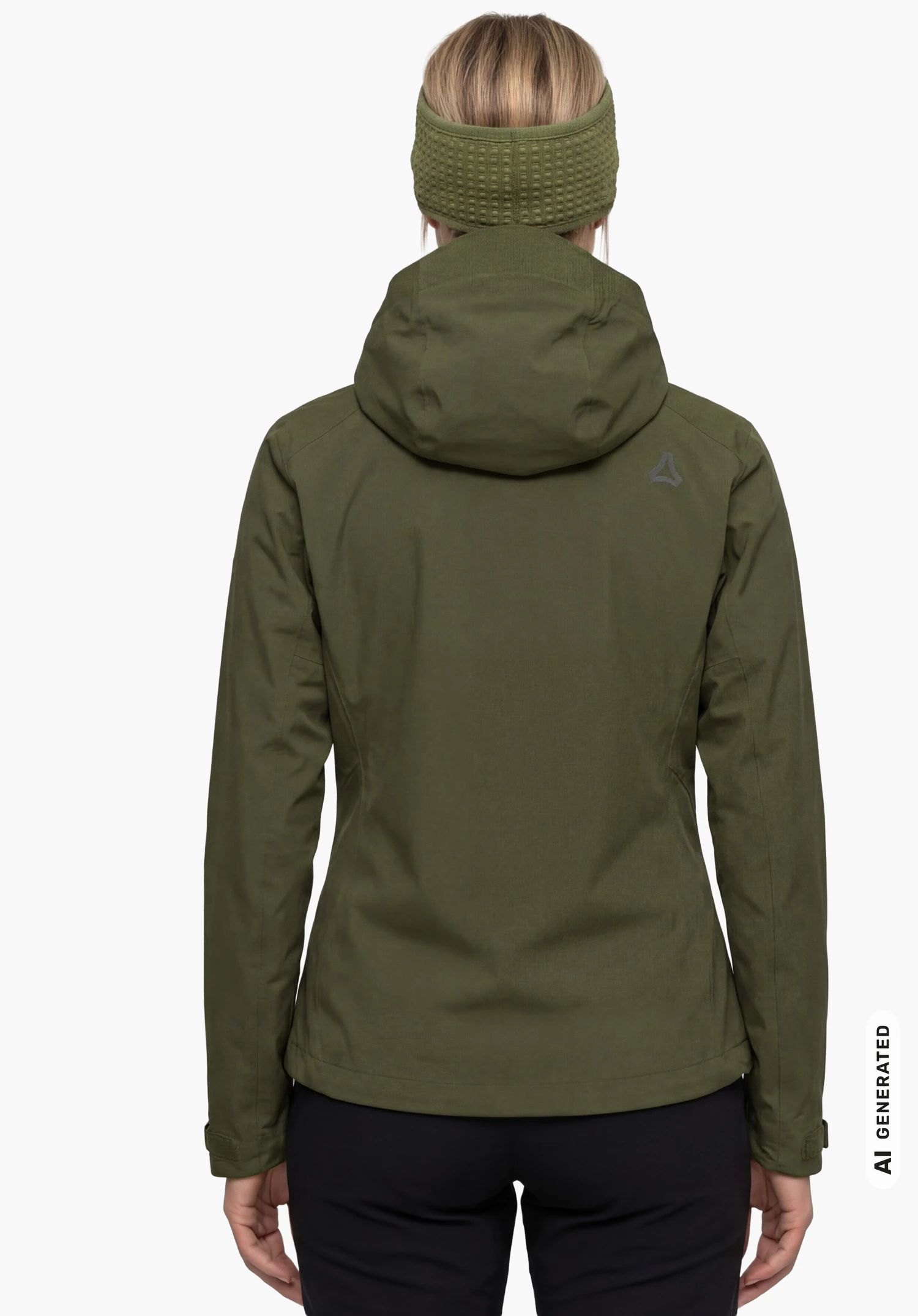 Jacket Style Cascata WMN en vert avec capuche et logo Schöffel, porté par un mannequin femme en vue de dos avec les bras le long du corps sur fond blanc. (Généré par IA)