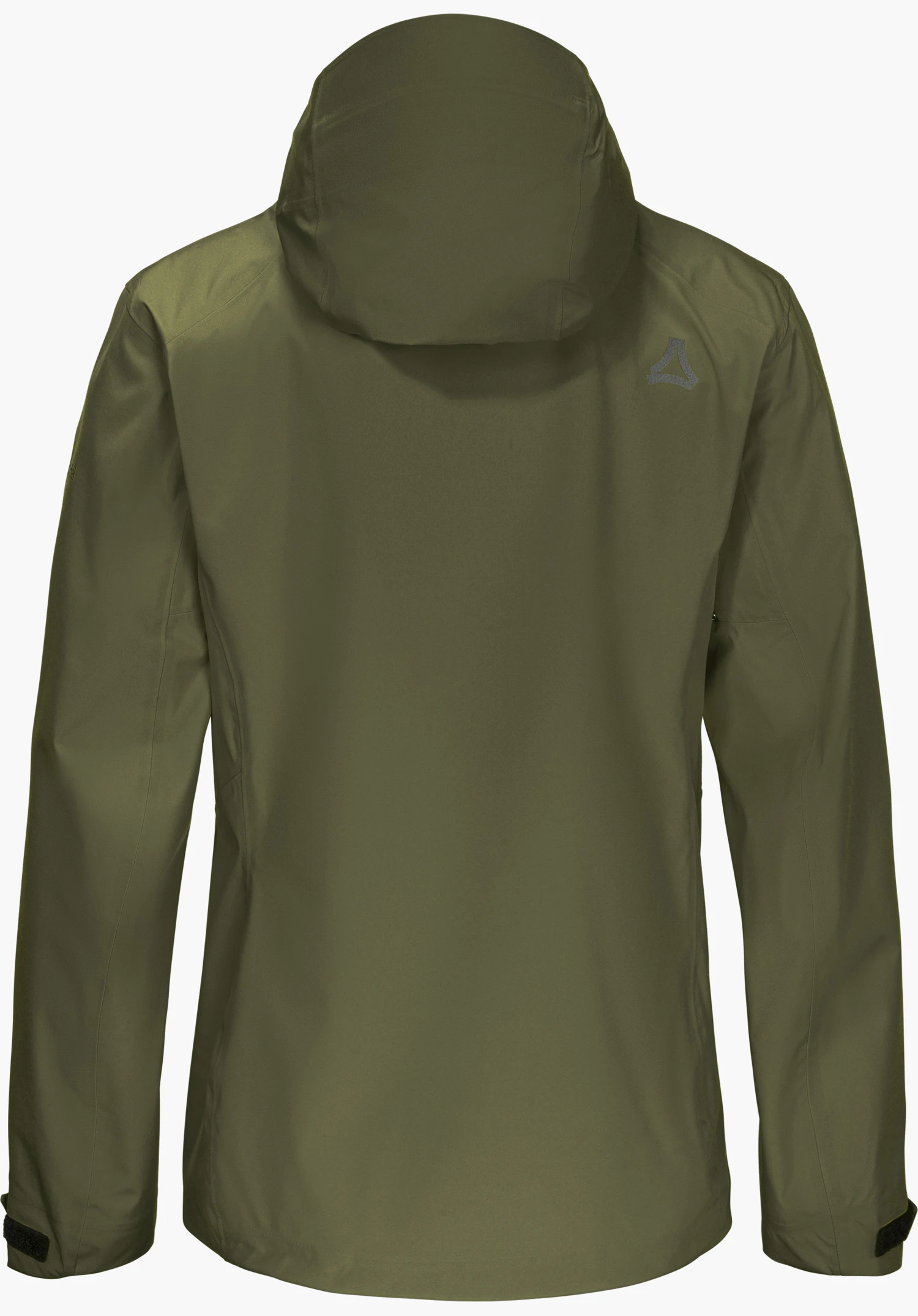 Jacket Style Cascata WMN en vert avec capuche et logo Schöffel au dos, détourée sur fond blanc.
