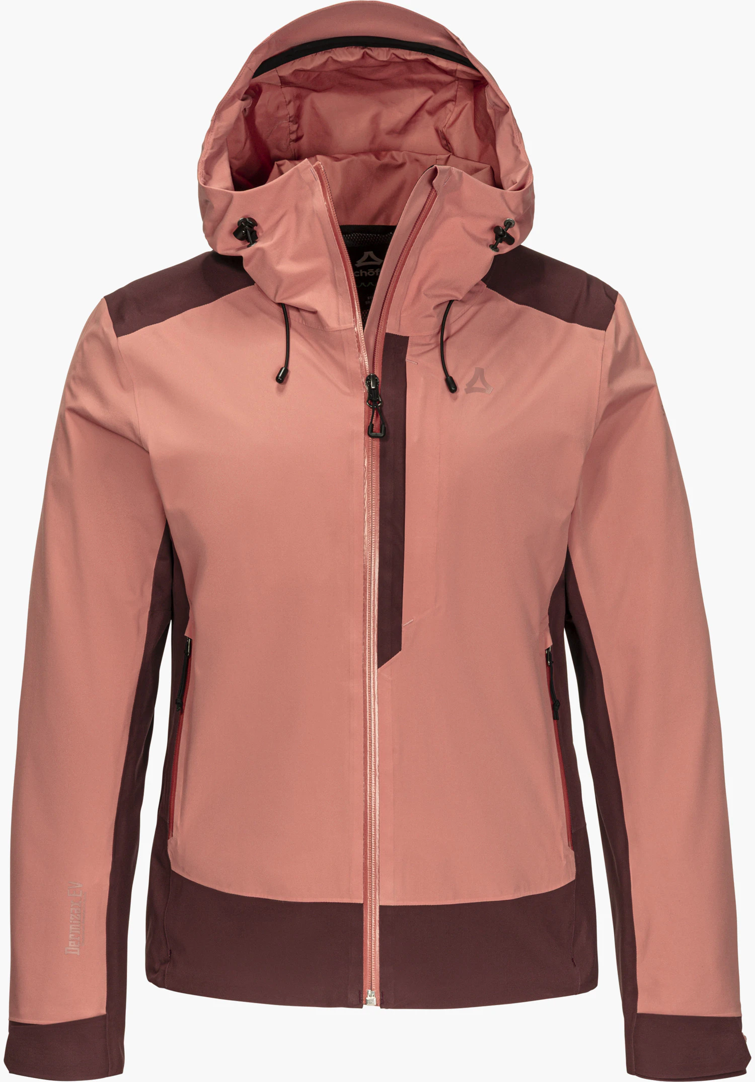 2L Jacket Style Refoca WMN wasserdichte 2-Lagen Jacke in rosa mit Kapuze, farblich abgesetzten Partien und Schöffel-Logo freigestellt vor weißem Hintergrund.