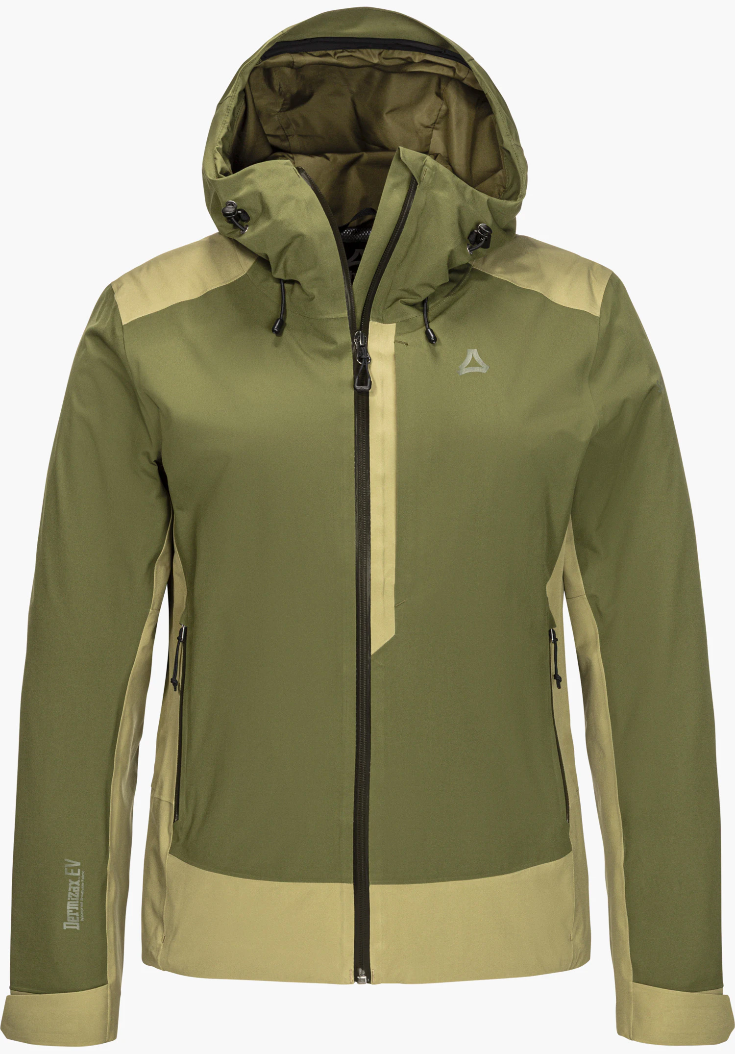 2L Jacket Style Refoca WMN wasserdichte 2-Lagen Jacke in grün mit Kapuze und Schöffel-Logo in Frontansicht freigestellt vor weißem Hintergrund.