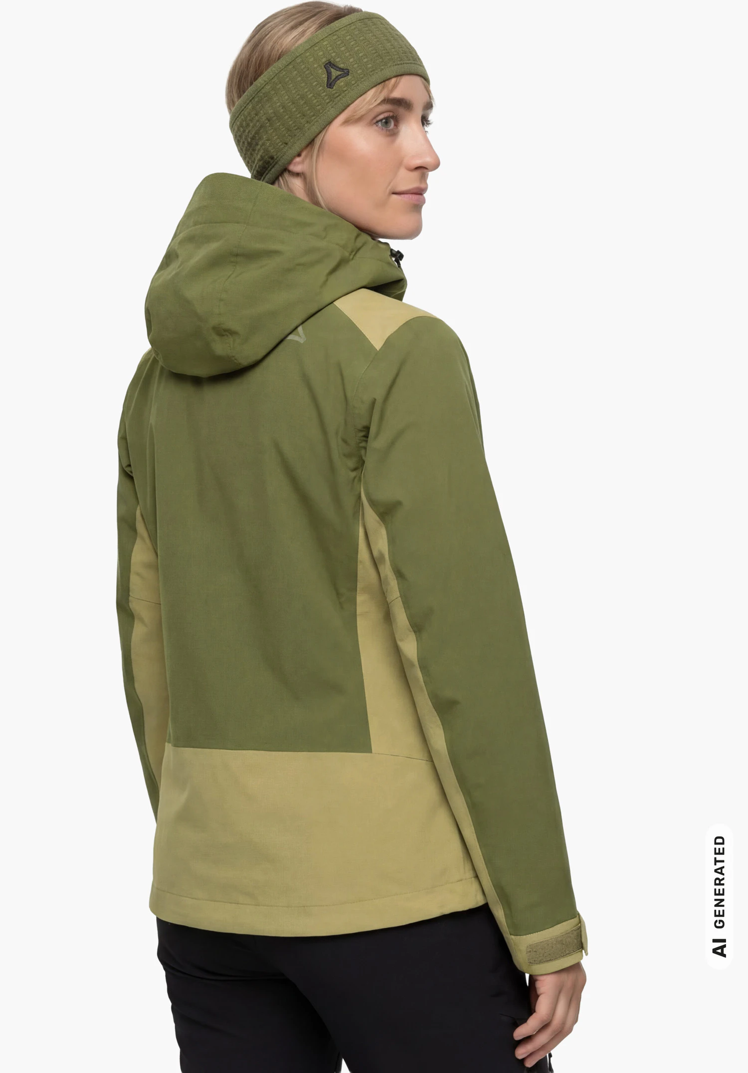 2L Jacket Style Refoca WMN en vert, porté par un mannequin femme de dos en position droite avec le regard par-dessus l'épaule, la capuche rabattue et le logo Schöffel visible sur la capuche, sur fond blanc. (Généré par IA)