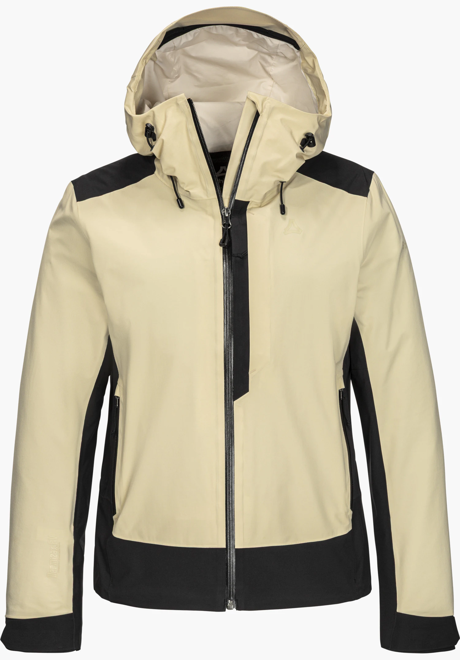 2L Jacket Style Refoca WMN wasserdichte 2-Lagen Jacke in beige mit Kapuze, farblich abgesetzten schwarzen Akzenten und Schöffel-Logo in Frontansicht freigestellt vor weißem Hintergrund.