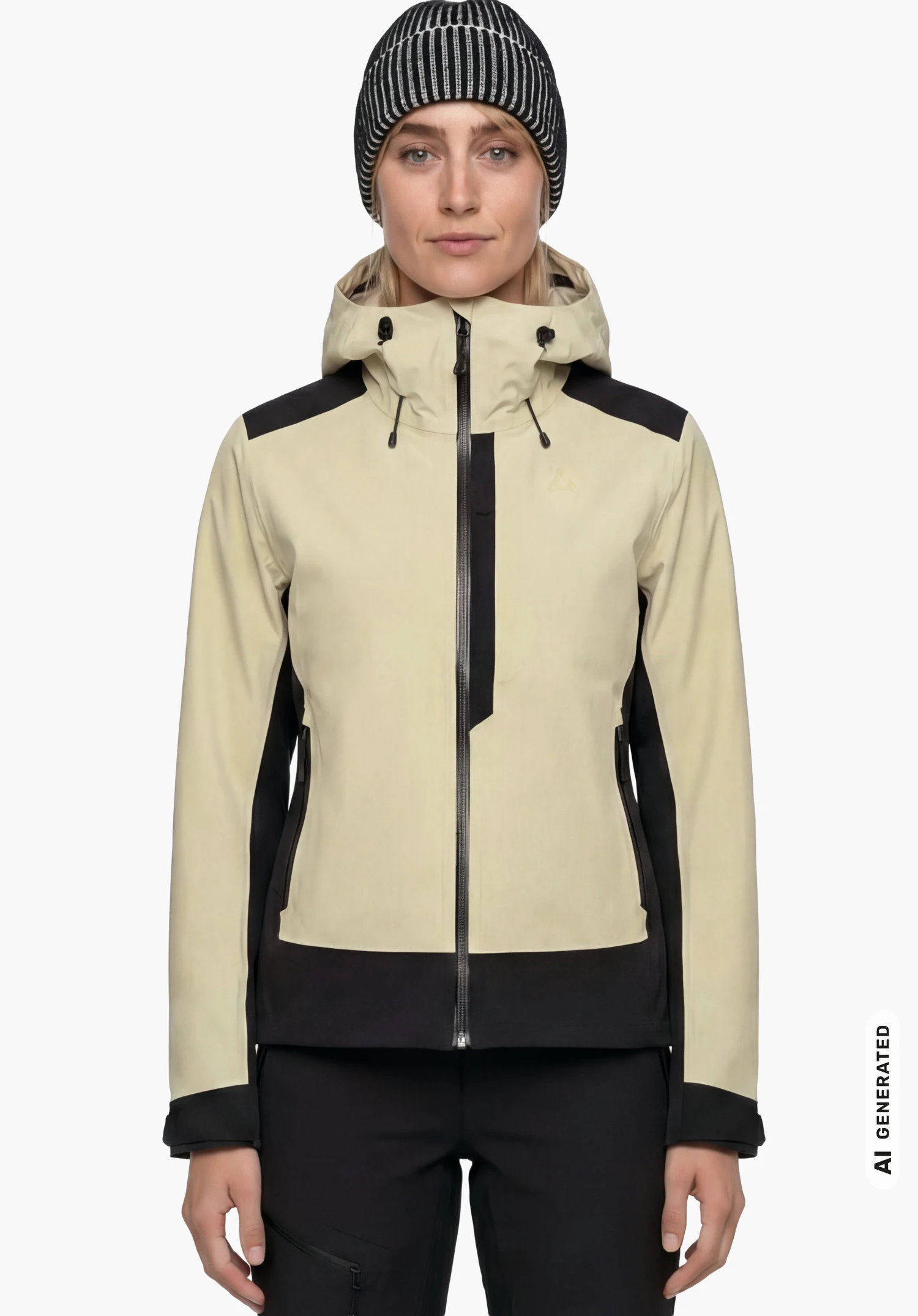 2L Jacket Style Refoca WMN in beige, getragen von einem weiblichen Model in Frontansicht mit aufrechtem Stand und herabhängenden Armen, mit geschlossener Kapuze und sichtbarem Schöffel-Logo vor weißem Hintergrund. (KI-generiert)