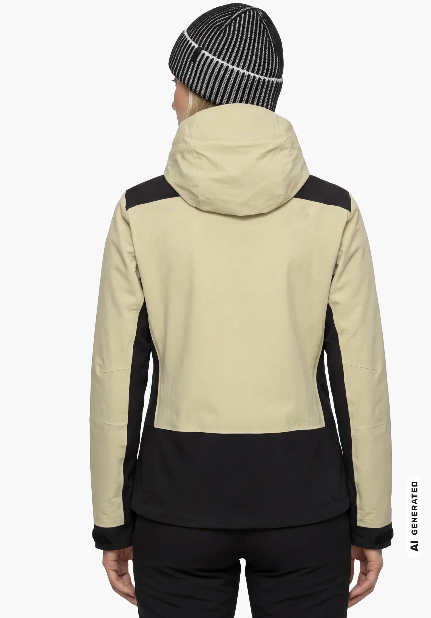 2L Jacket Style Refoca WMN en beige, porté par un mannequin femme de dos en position droite avec la capuche montée sur fond blanc. (Généré par IA)