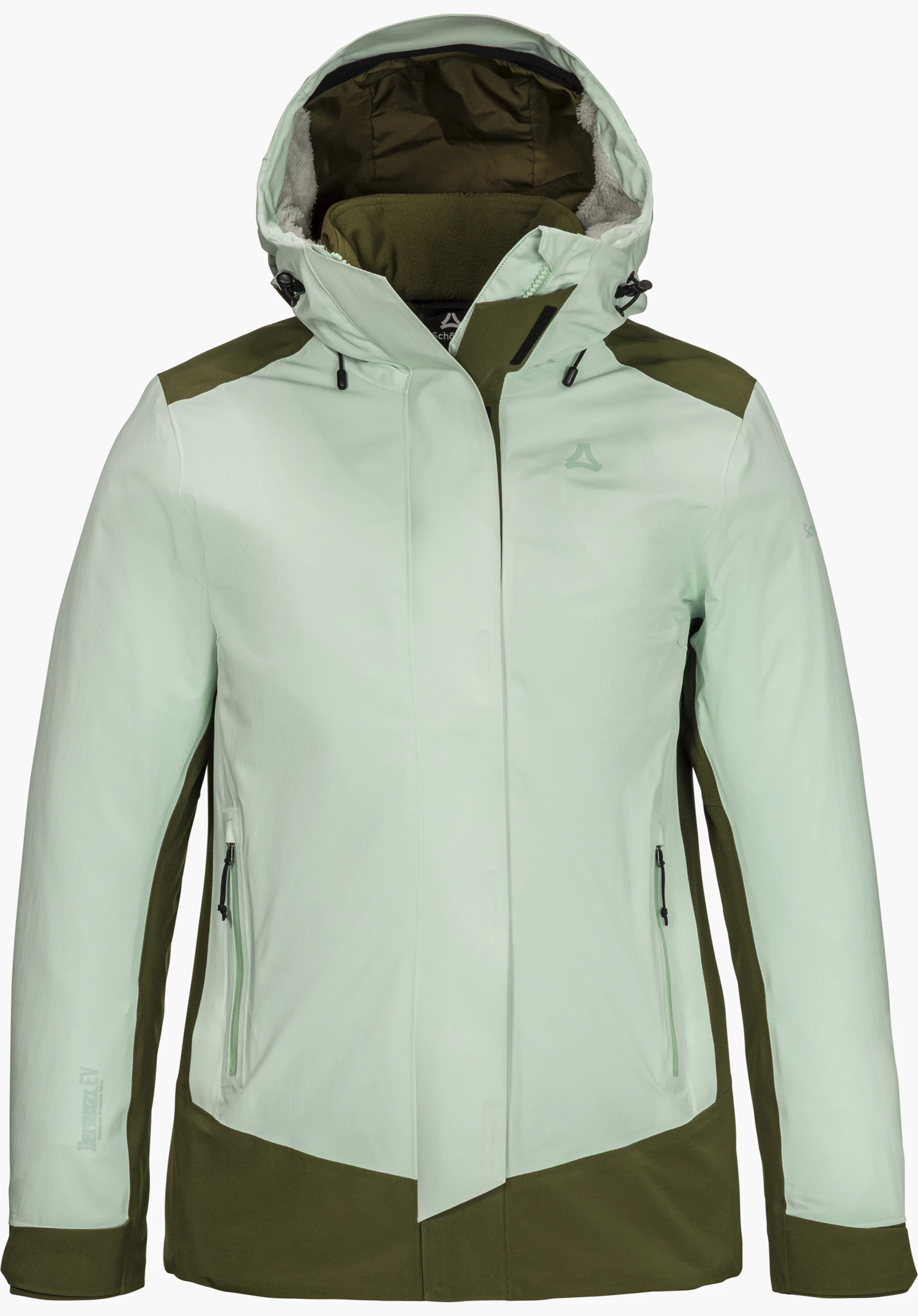 3in1 Jacket Style Refoca WMN in green with a hood, contrasting panels and Schöffel logo, isolated on a white background.