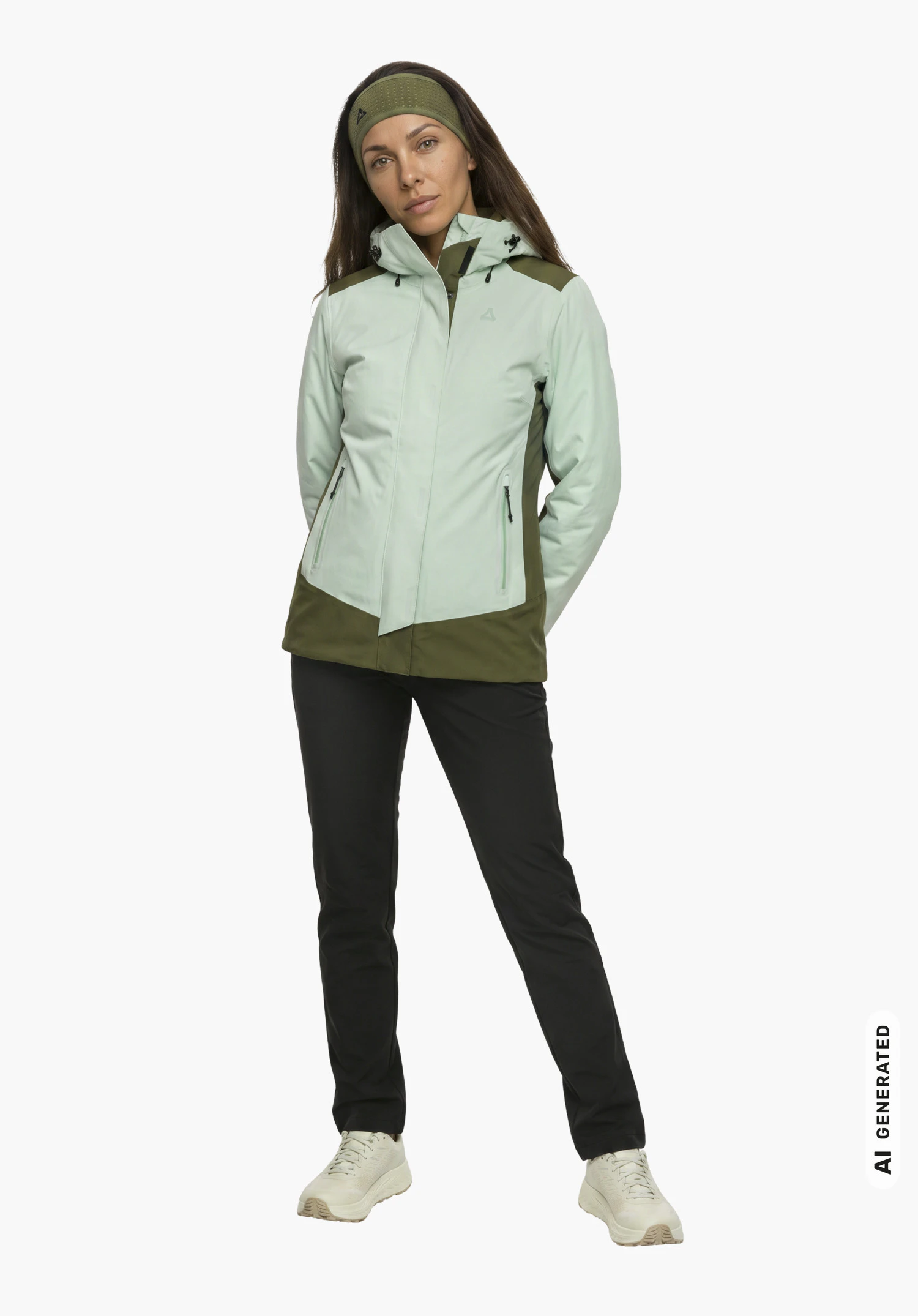 3in1 Jacket Style Refoca WMN en vert avec logo Schöffel visible, porté par un mannequin femme en vue de profil léger avec une posture droite et les mains derrière le dos sur fond blanc. (Généré par IA)