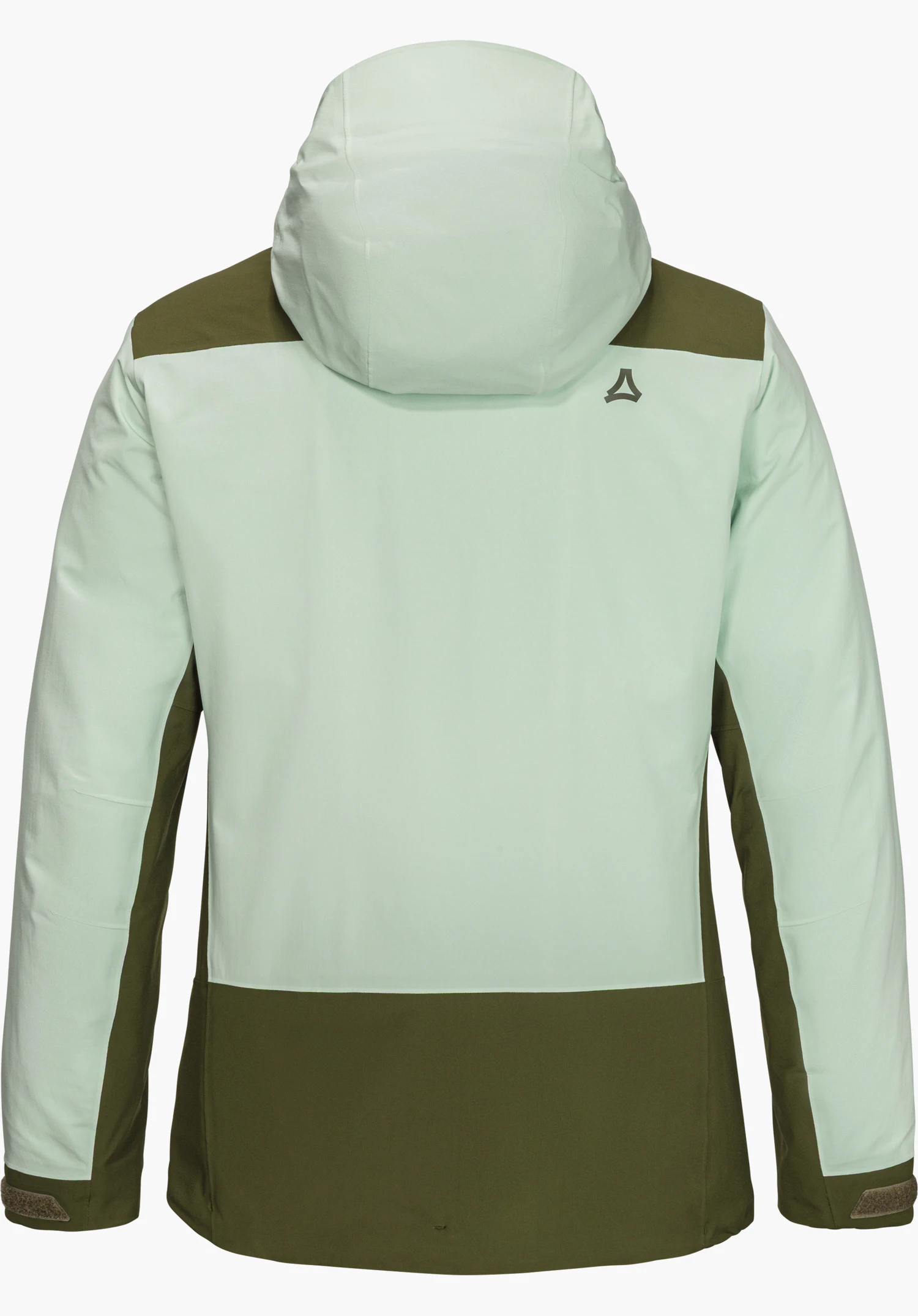 3in 1 Jacket Style Refoca WMN in grün in Rückansicht mit Kapuze und Schöffel-Logo freigestellt vor weißem Hin tergrund.