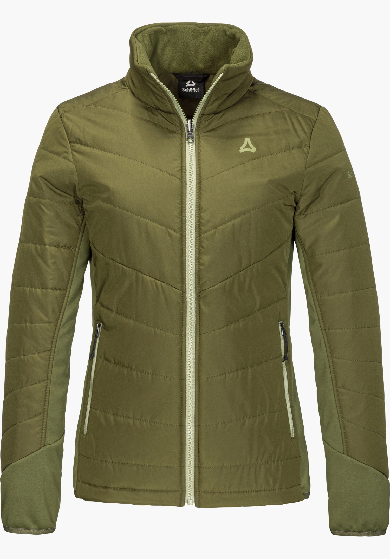 3in1 Jacket Style Refoca WMN in Grün mit Stehkragen, durchgehendem Reißverschluss, sichtbarem Schöffel-Logo auf der Brust und seitlichen Eingrifftaschen, freigestellt vor weißem Hintergrund.