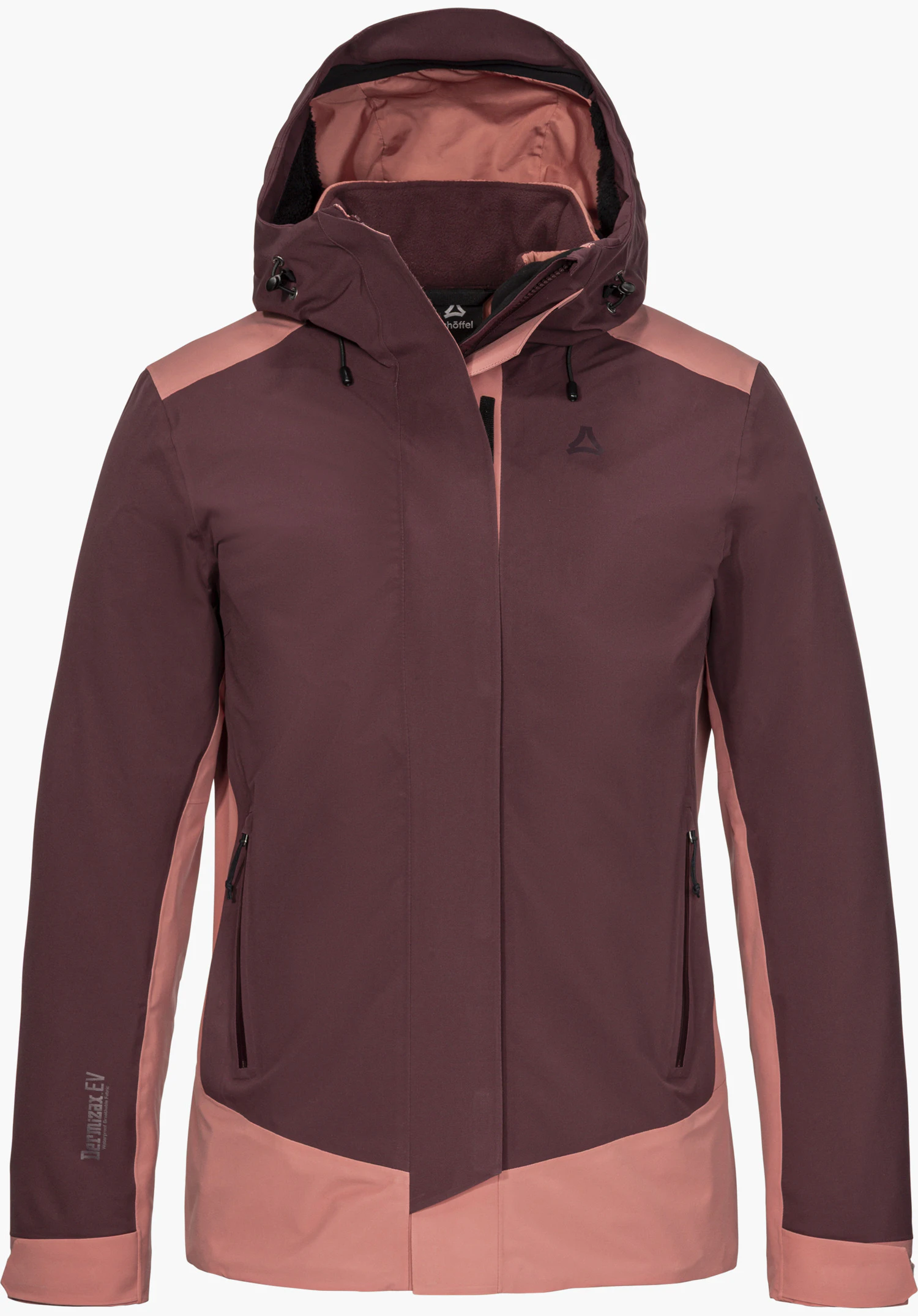 3in1 Jacket Style Refoca WMN in purple with a hood, visible Schöffel logo on the chest and side pockets, isolated on a white background.