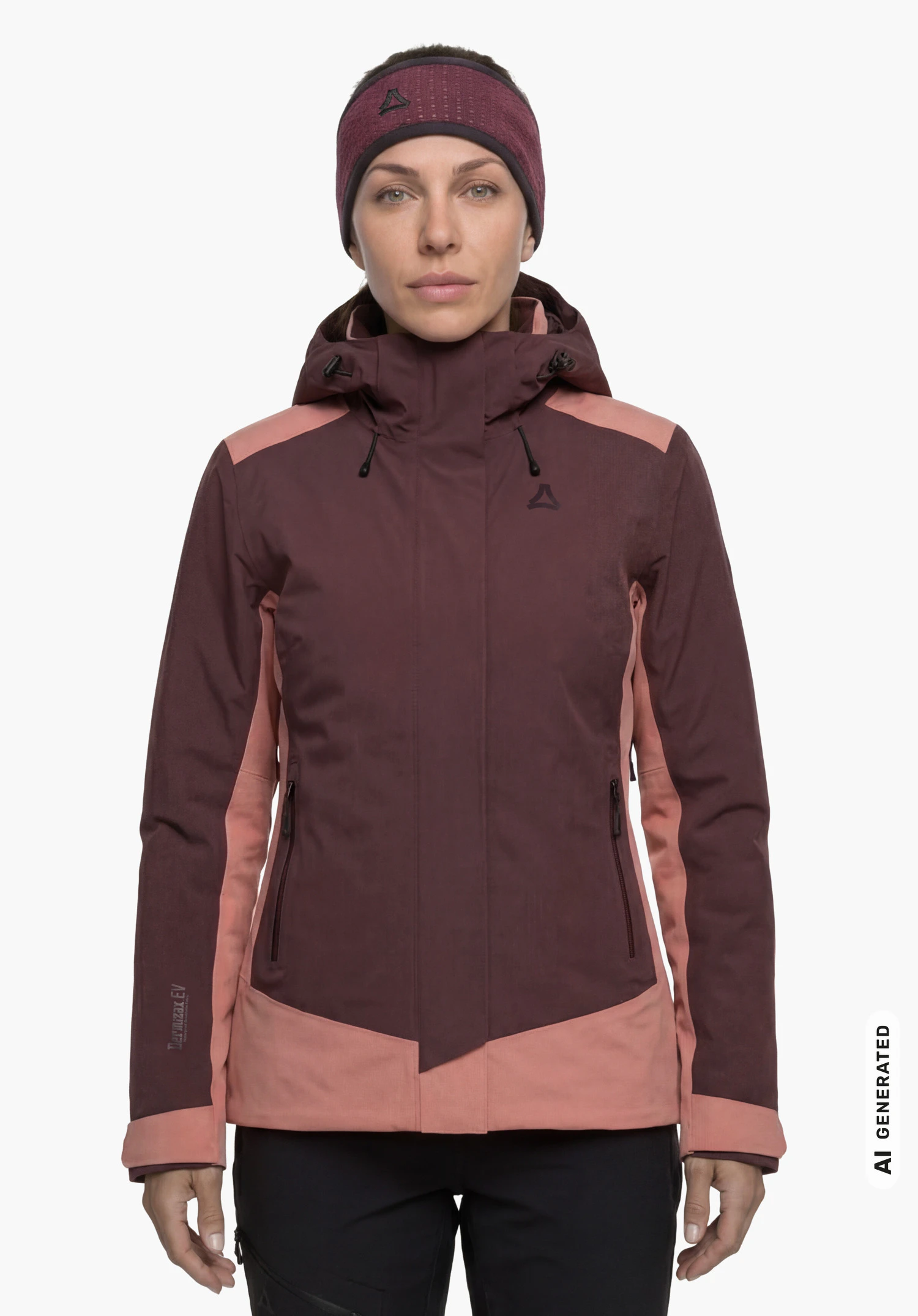 3in1 Jacket Style Refoca WMN in purple with visible Schöffel logo, worn by a female model shown from the front standing upright with relaxed arms against a white background. (AI-generated)