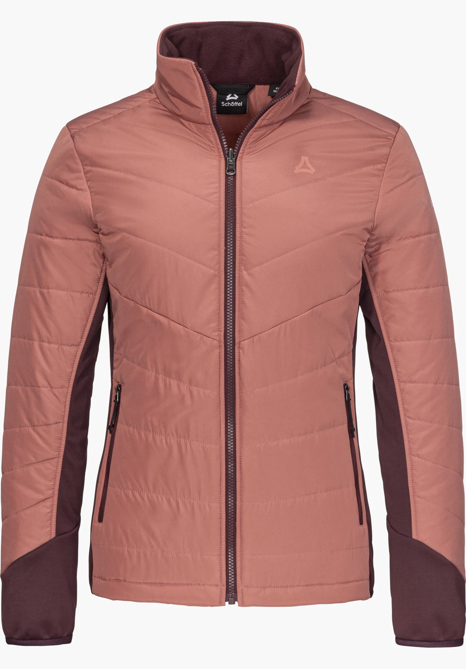 3in1 Jacket Style Refoca WMN in lila mit Stehkragen, Reißverschlusstaschen und sichtbarem Schöffel-Logo in einer Frontansicht freigestellt vor weißem Hintergrund.