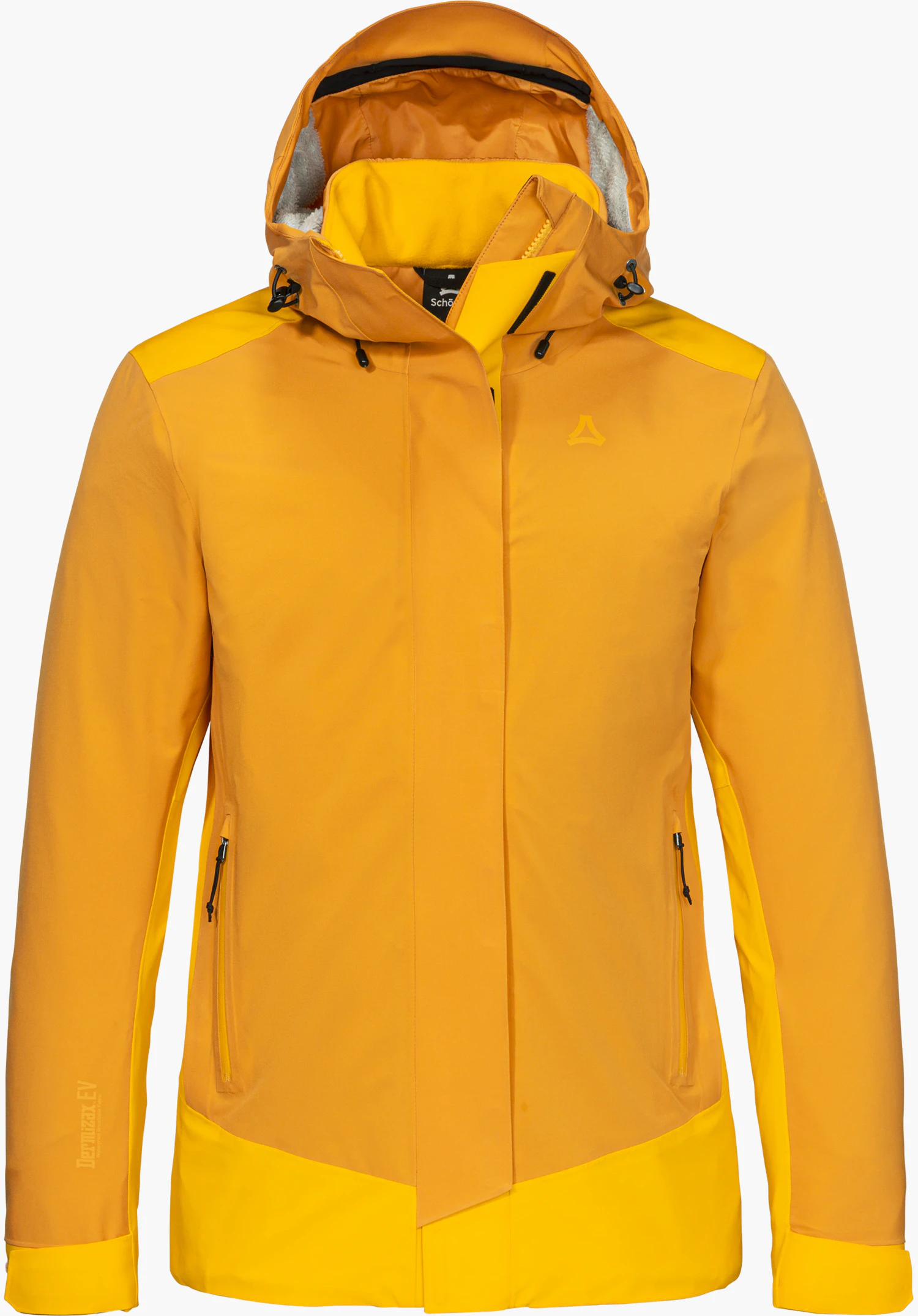 3in1 Jacket Style Refoca WMN in yellow with a hood and Schöffel logo, shown from the front and isolated on a white background.