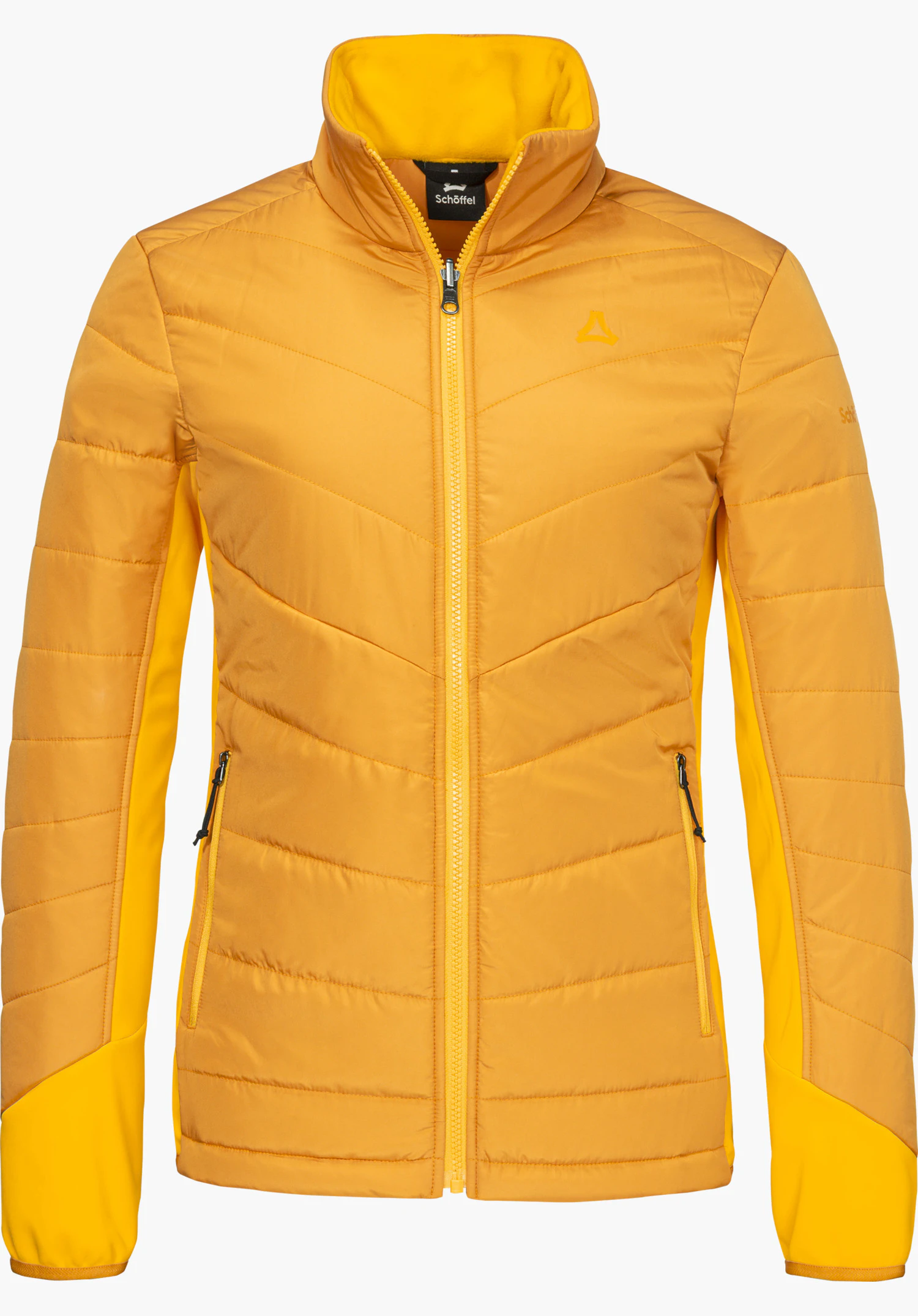 3in1 Jacket Style Refoca WMN in gelb mit Stehkragen, Reißverschlusstaschen und tonalem Schöffel-Logo, freigestellt vor weißem Hintergrund.