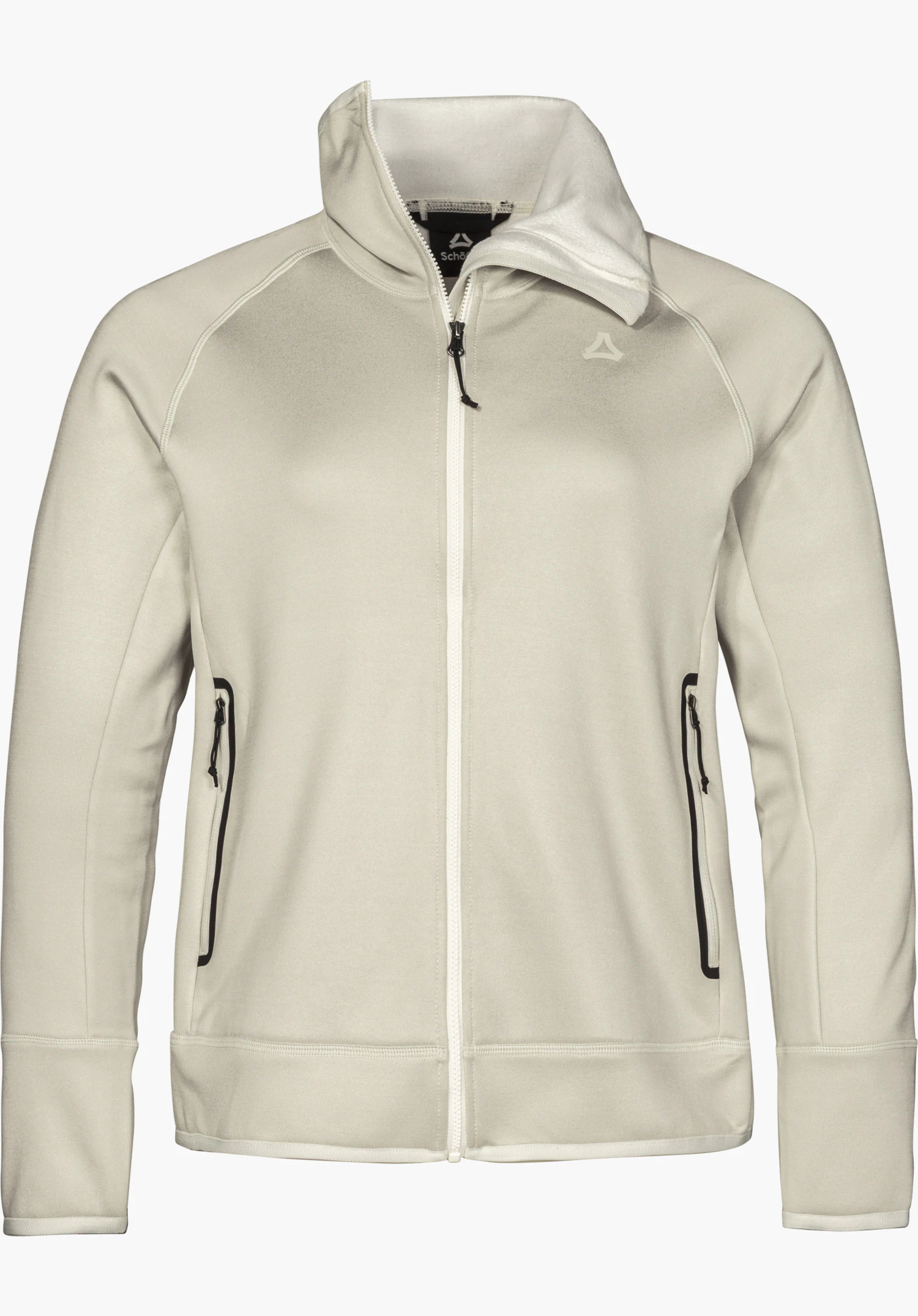 Fleece Jk Style Refoca WMN fleece jacket in natural colour with a stand-up collar, front zipper, practical zippered side pockets and a visible Schöffel logo, isolated on a white background.