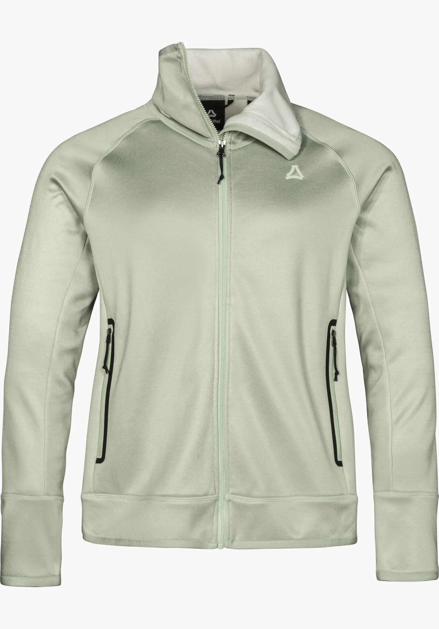 Fleece Jk Style Refoca WMN fleece jacket in green with a stand-up collar, front zipper, contrasting zippered pockets and Schöffel logo, isolated on a white background.