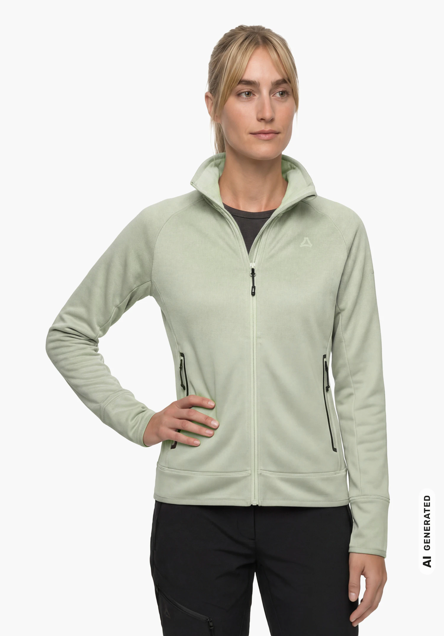 Fleece Jk Style Refoca WMN in green with Schöffel logo, worn by a female model shown from the front with one hand on her hip against a white background. (AI-generated)