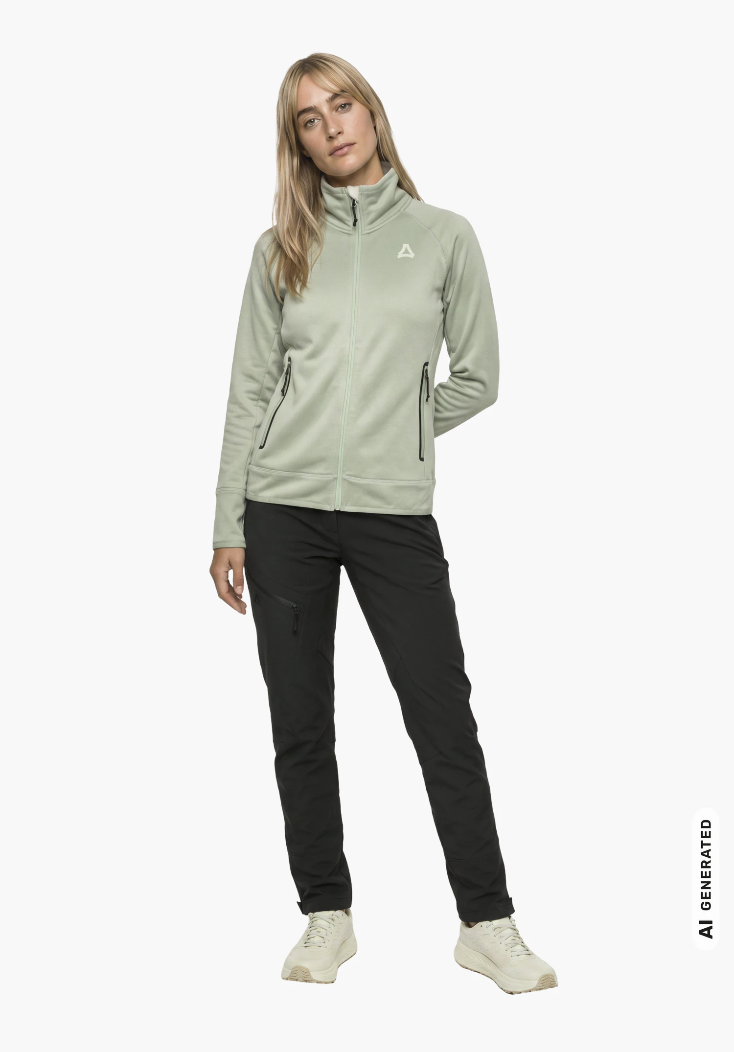 Fleece Jk Style Refoca WMN en vert avec logo Schöffel, porté par un mannequin femme en vue latérale légèrement tournée, se tenant droite avec une main dans le dos sur fond blanc. (Généré par IA)
