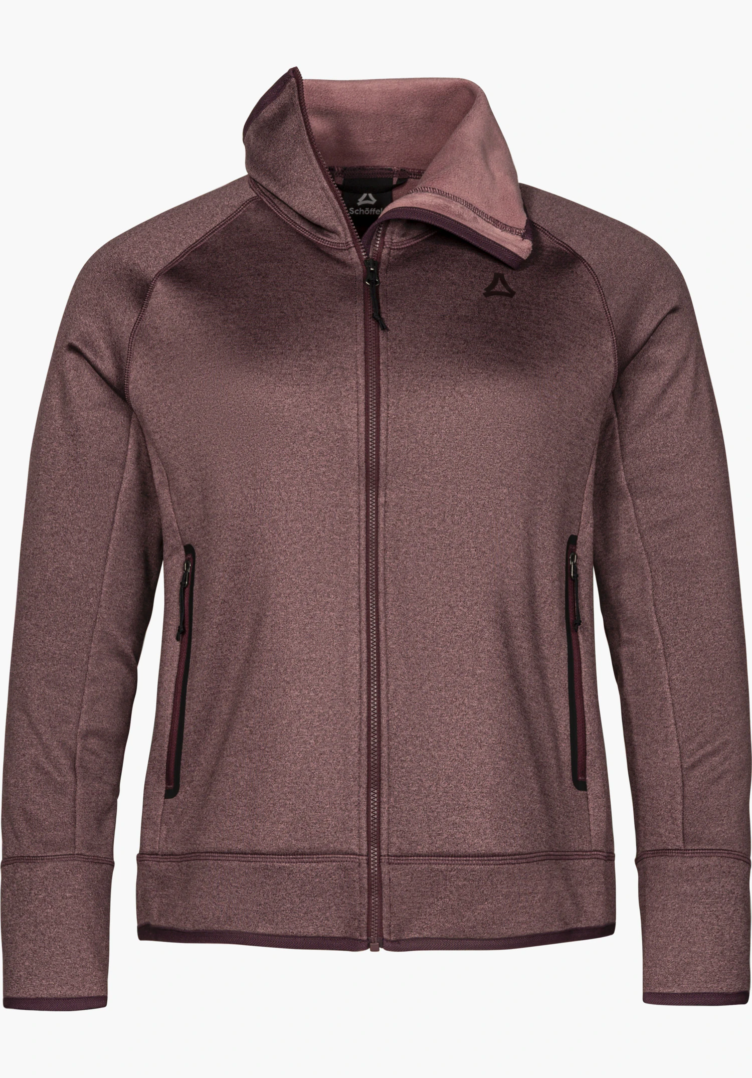 Fleece Jk Style Refoca WMN fleece jacket in purple with a stand-up collar, full-length zipper, two zippered pockets and visible Schöffel logo, isolated on a white background.
