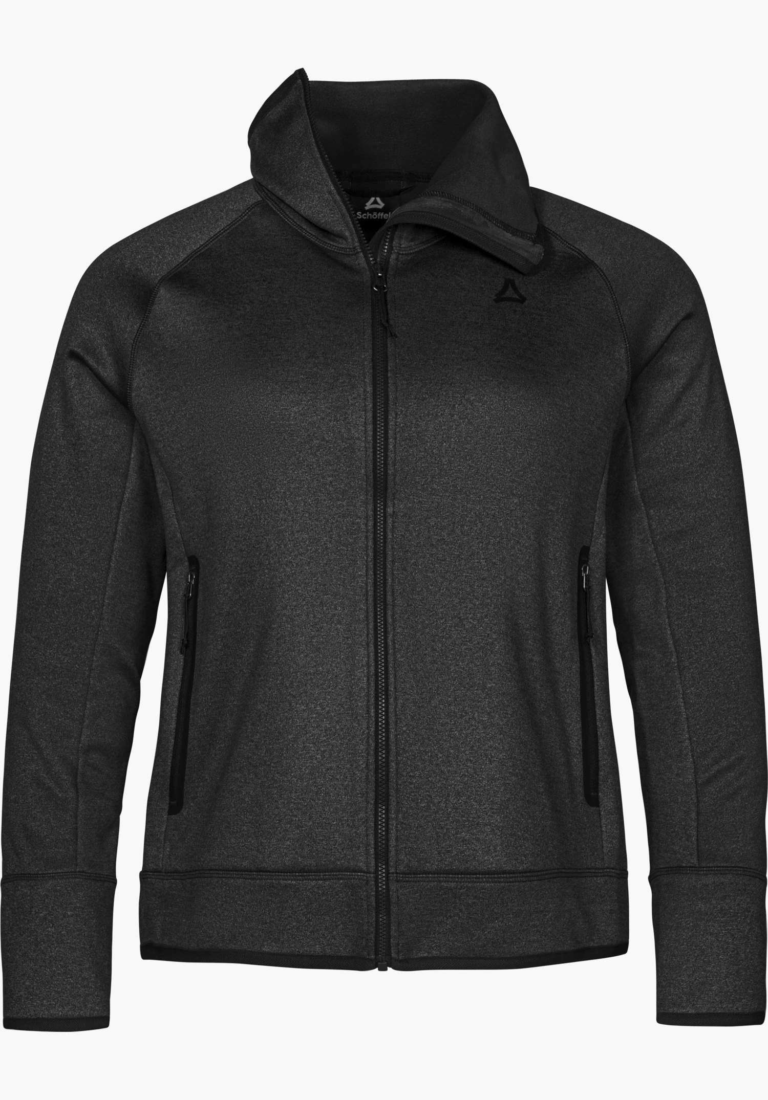 Fleece Jk Style Refoca WMN fleece jacket in black with a front zipper, high collar, side pockets and Schöffel logo, shown from the front and isolated on a white background.