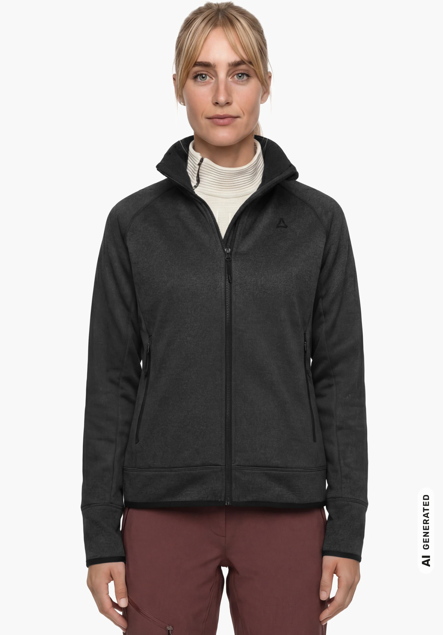 Fleece Jk Style Refoca WMN in black with stand-up collar and Schöffel logo on the chest, worn by a female model standing upright and shown from the front against a white background. (AI-generated)