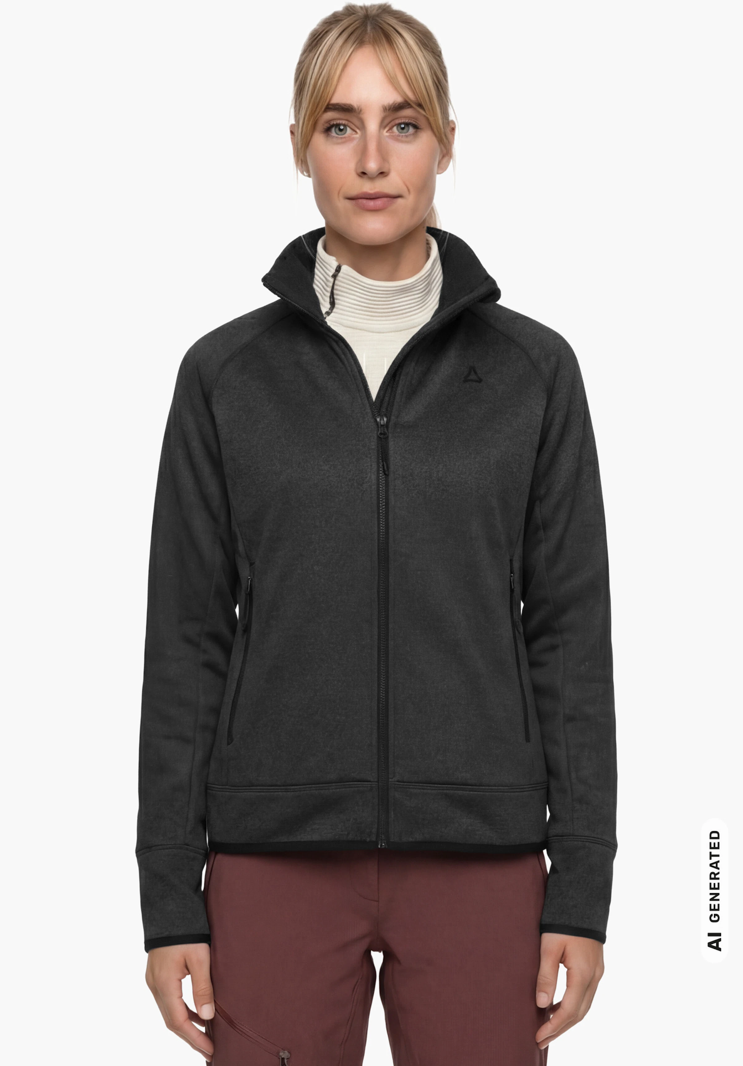 Fleece Jk Style Refoca WMN en noir avec col montant et logo Schöffel sur la poitrine, porté par un modèle féminin debout et vu de face sur fond blanc. (Généré par IA)