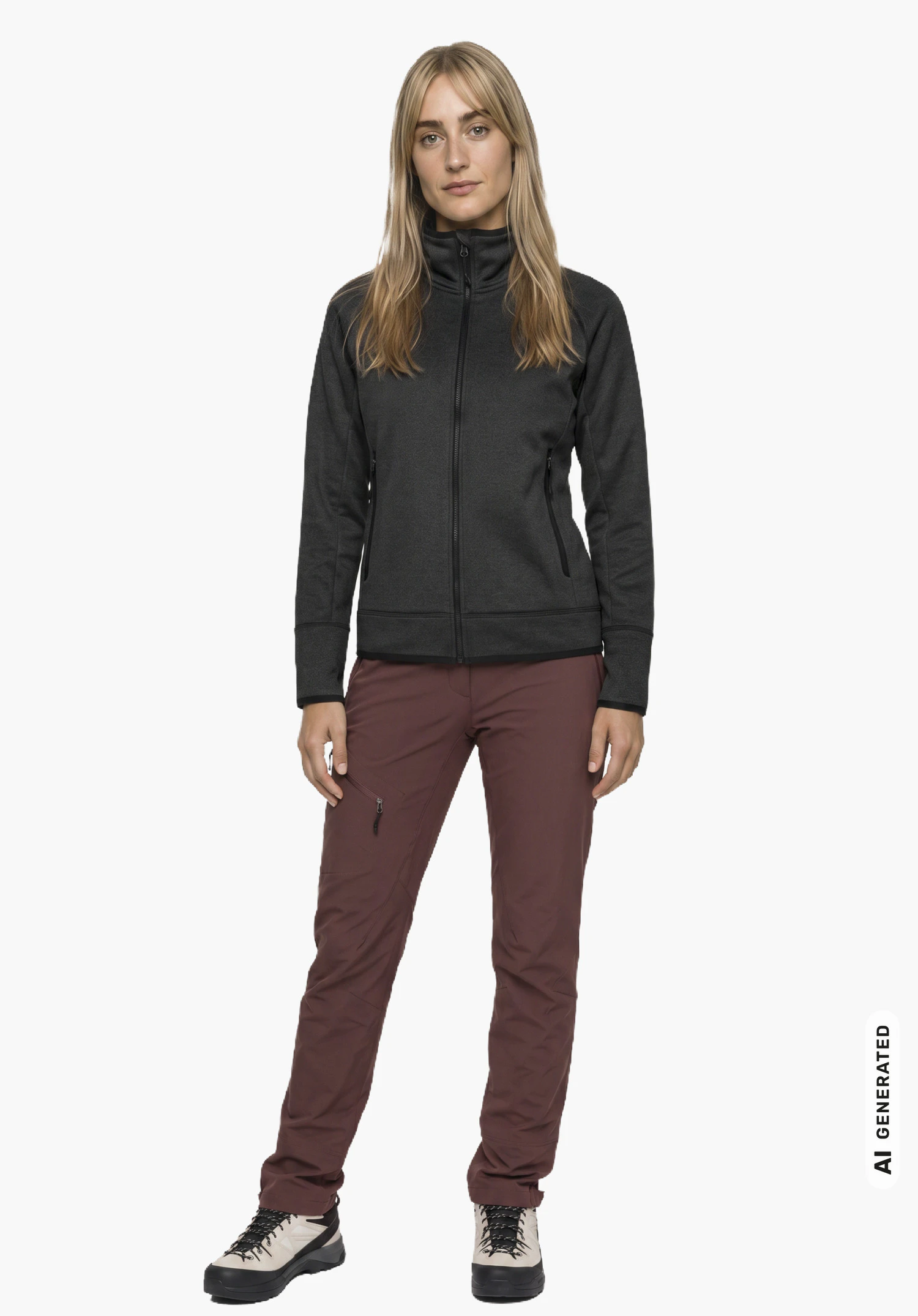 Fleece Jk Style Refoca WMN en noir, porté par un mannequin femme en vue légèrement de profil avec une posture droite et les bras le long du corps sur fond blanc. (Généré par IA)