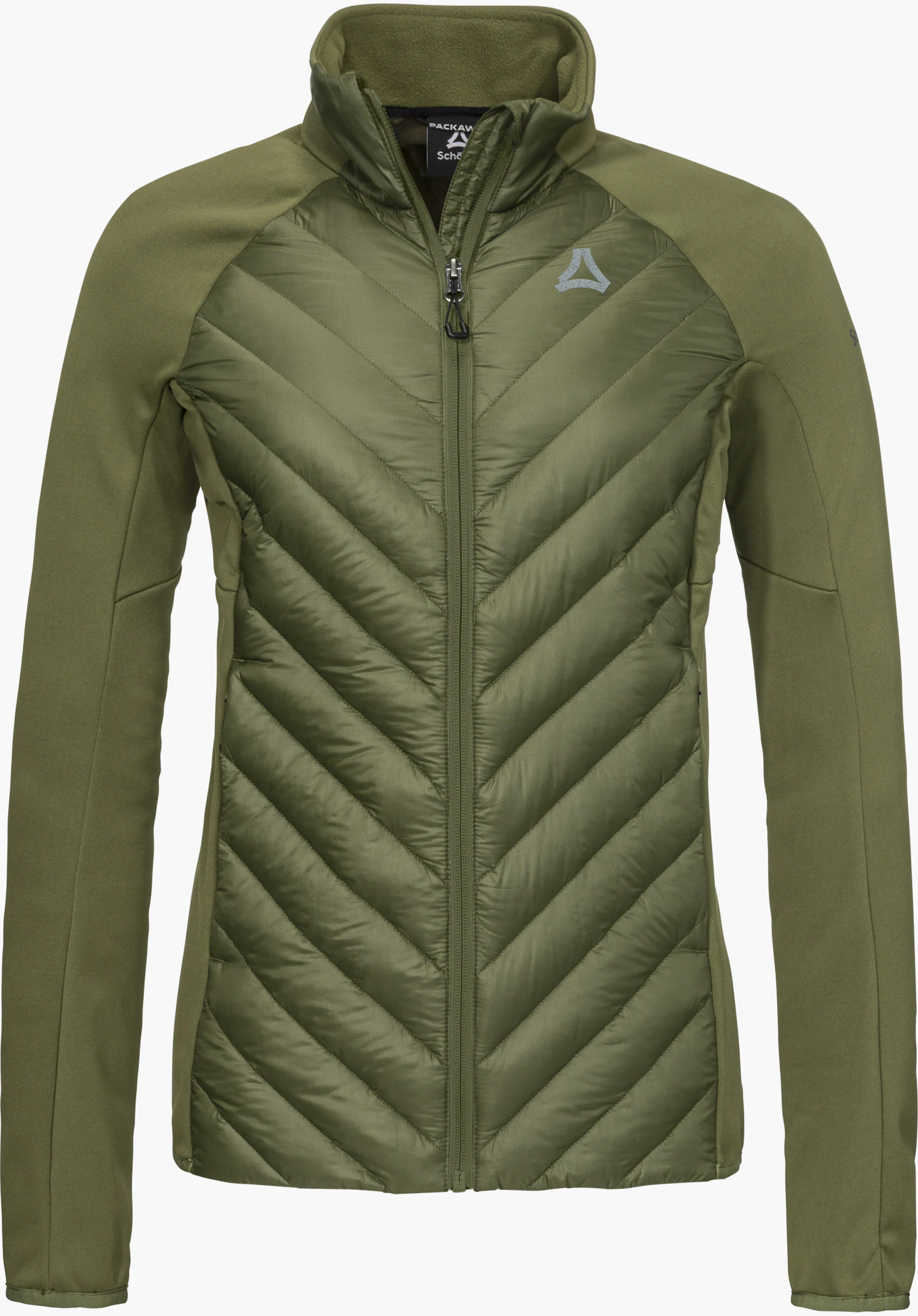 Hy Down Jk Style Cascata WMN Hybridjacke in gelb mit Stehkragen, Frontreißverschluss, gestepptem Vorderbereich sowie sichtbarem Schöffel-Logo auf der Brust und Schöffel-Schriftzug am Arm, freigestellt vor weißem Hintergrund.