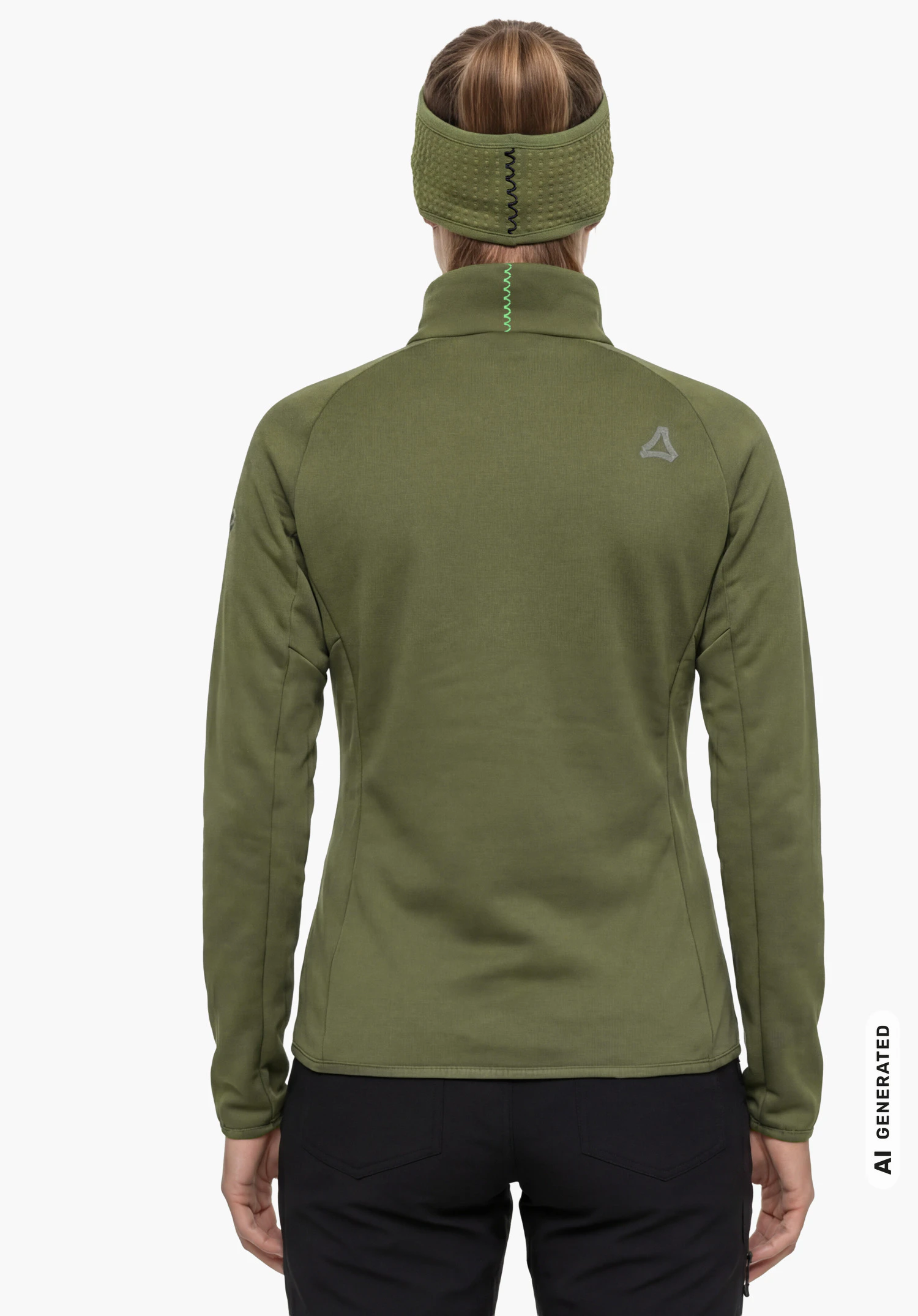 Hy Down Jk Style Cascata WMN en vert avec logo Schöffel réfléchissant, porté par un modèle féminin debout et vu de dos avec les bras le long du corps sur fond blanc. (Généré par IA)