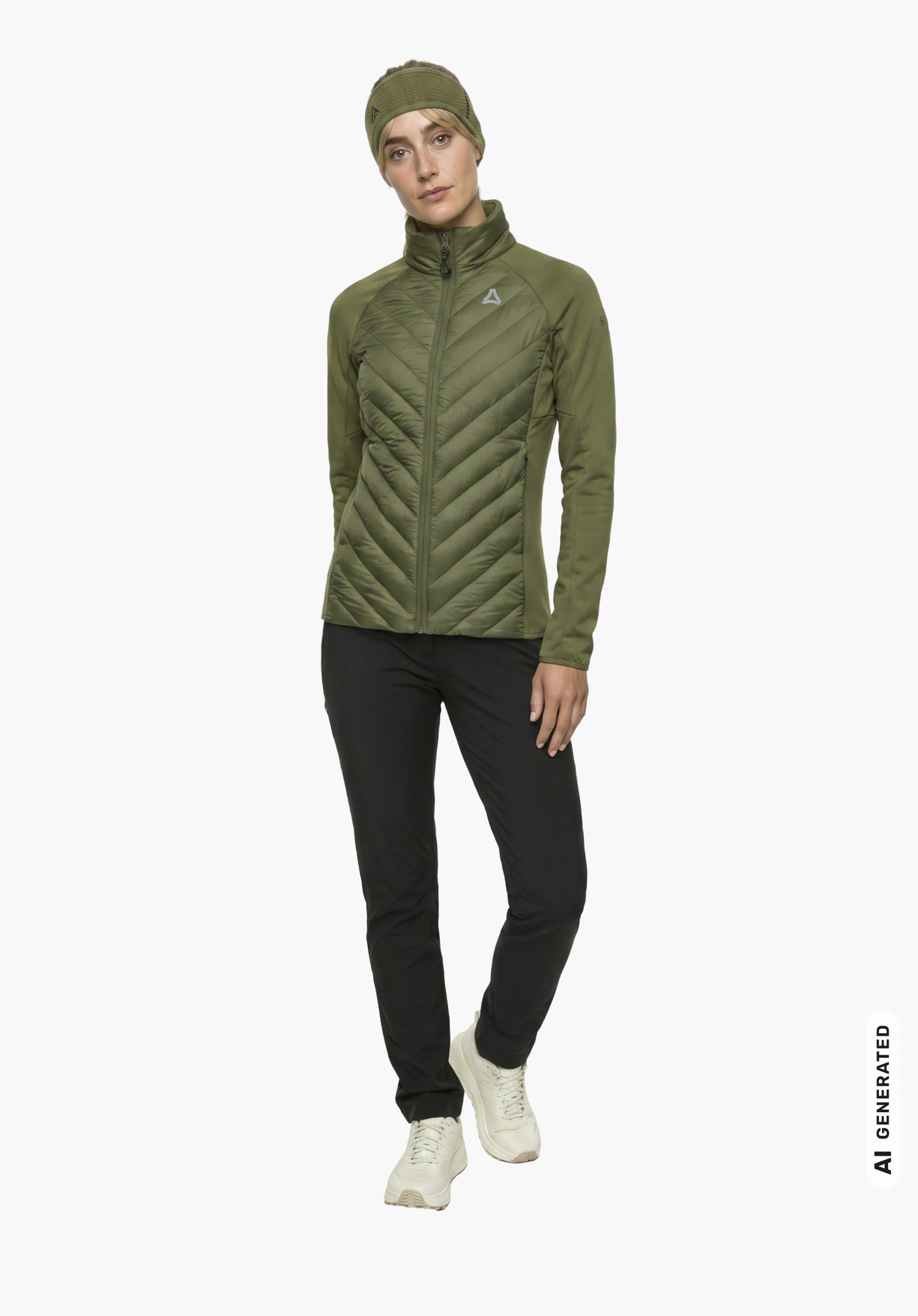 Hy Down Jk Style Cascata WMN en vert avec logo Schöffel, porté par un mannequin femme debout en vue de profil sur fond blanc. (Généré par IA)