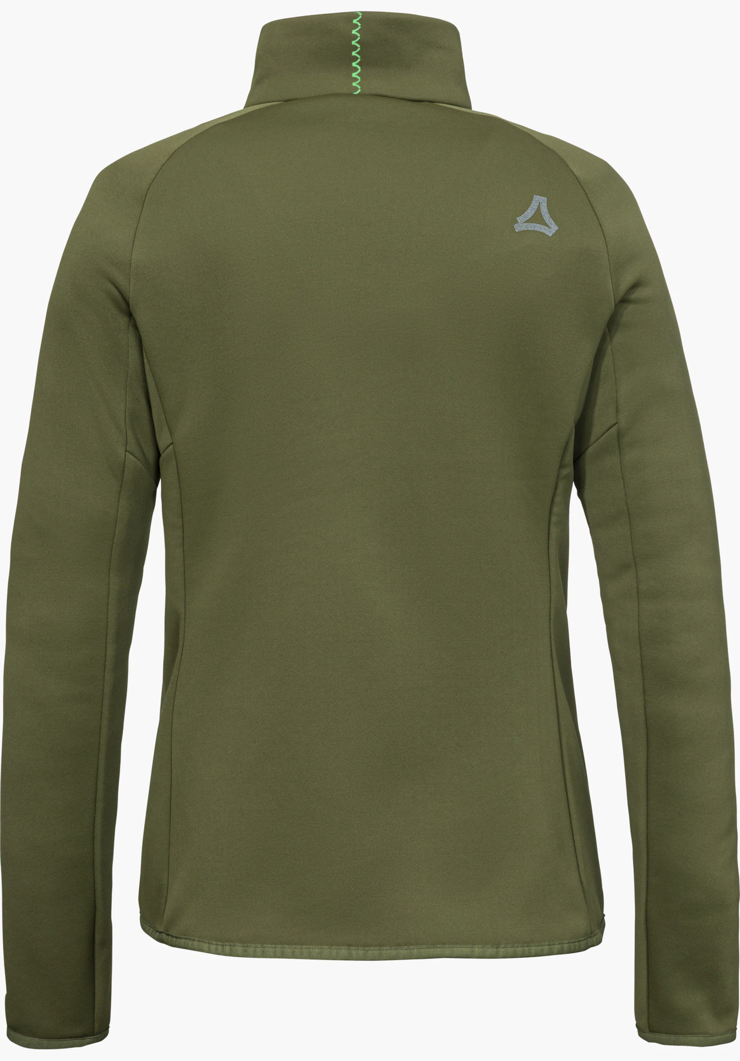 Hy Down Jk Style Cascata WMN, veste hybride verte, vue de dos avec logo Schöffel réfléchissant sur l’épaule droite et surpiqûres décoratives au niveau du col, détourée sur fond blanc.