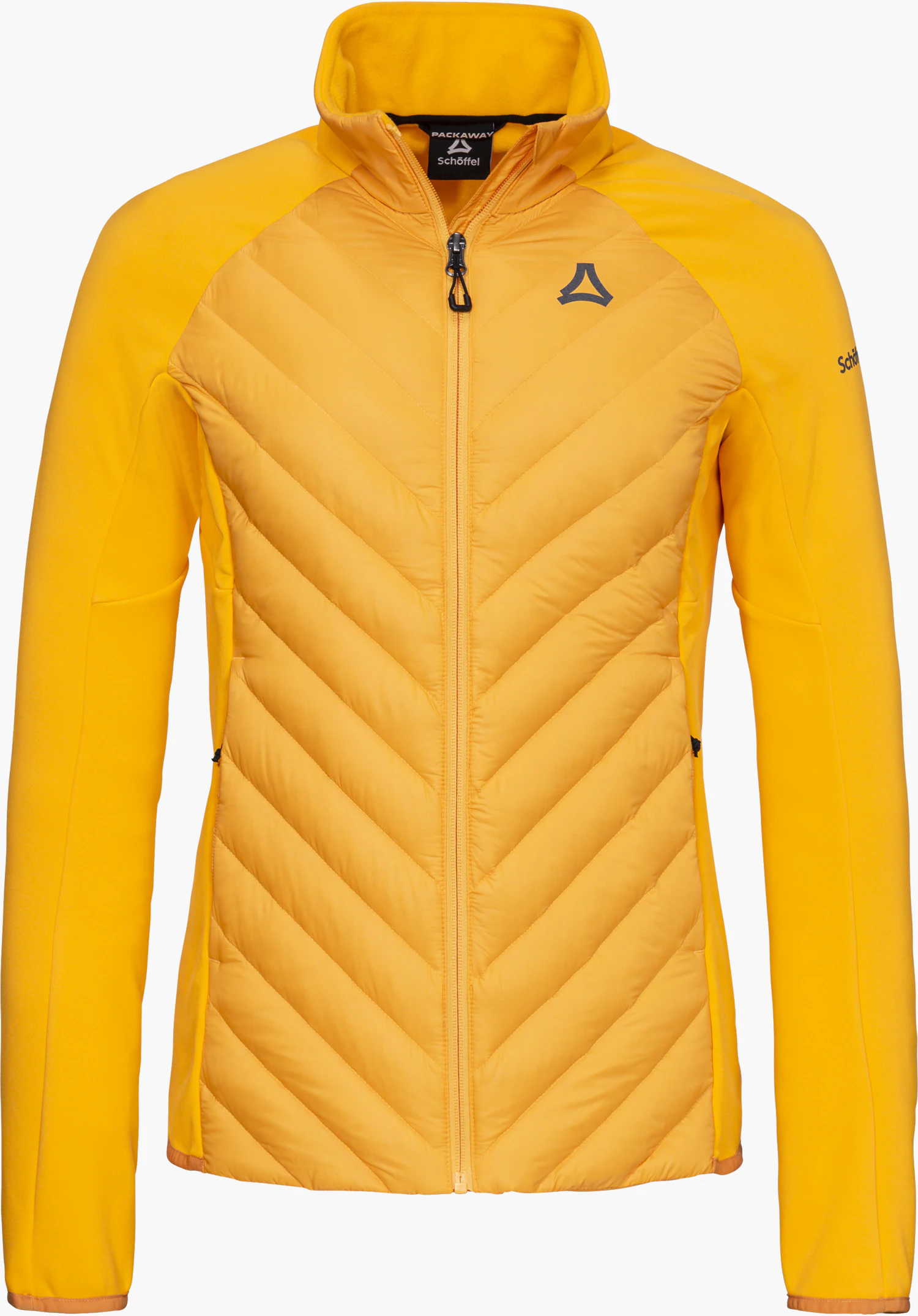 Hy Down Jk Style Cascata WMN Hybridjacke in gelb mit Stehkragen, Frontreißverschluss, gestepptem Vorderbereich sowie sichtbarem Schöffel-Logo auf der Brust und Schöffel-Schriftzug am Arm, freigestellt vor weißem Hintergrund.