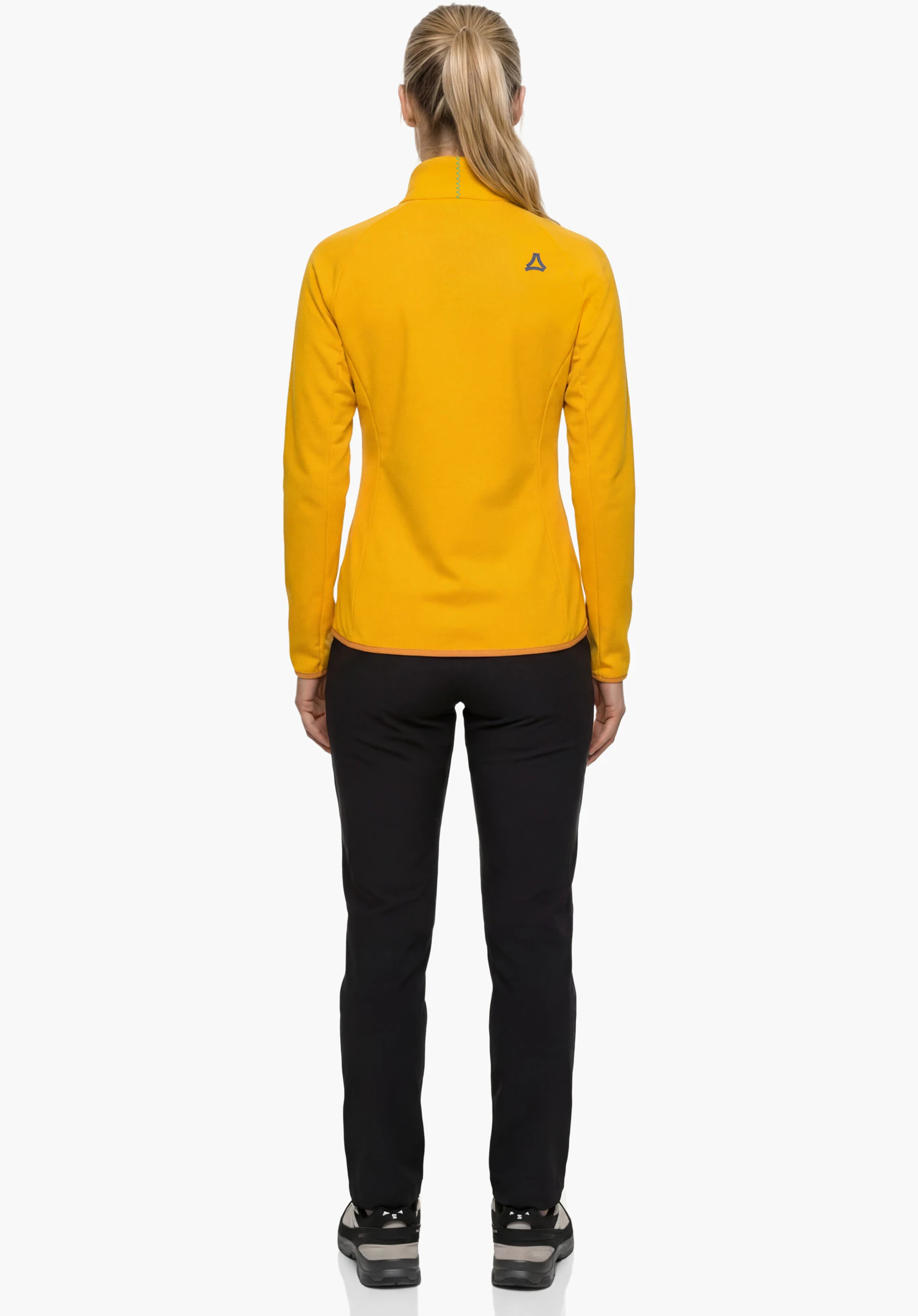 Hy Down Jk Style Cascata WMN axé sur la partie supérieure du dos et le logo Schöffel réfléchissant en jaune sur l'image de détail 2 gros plan sur fond blanc.