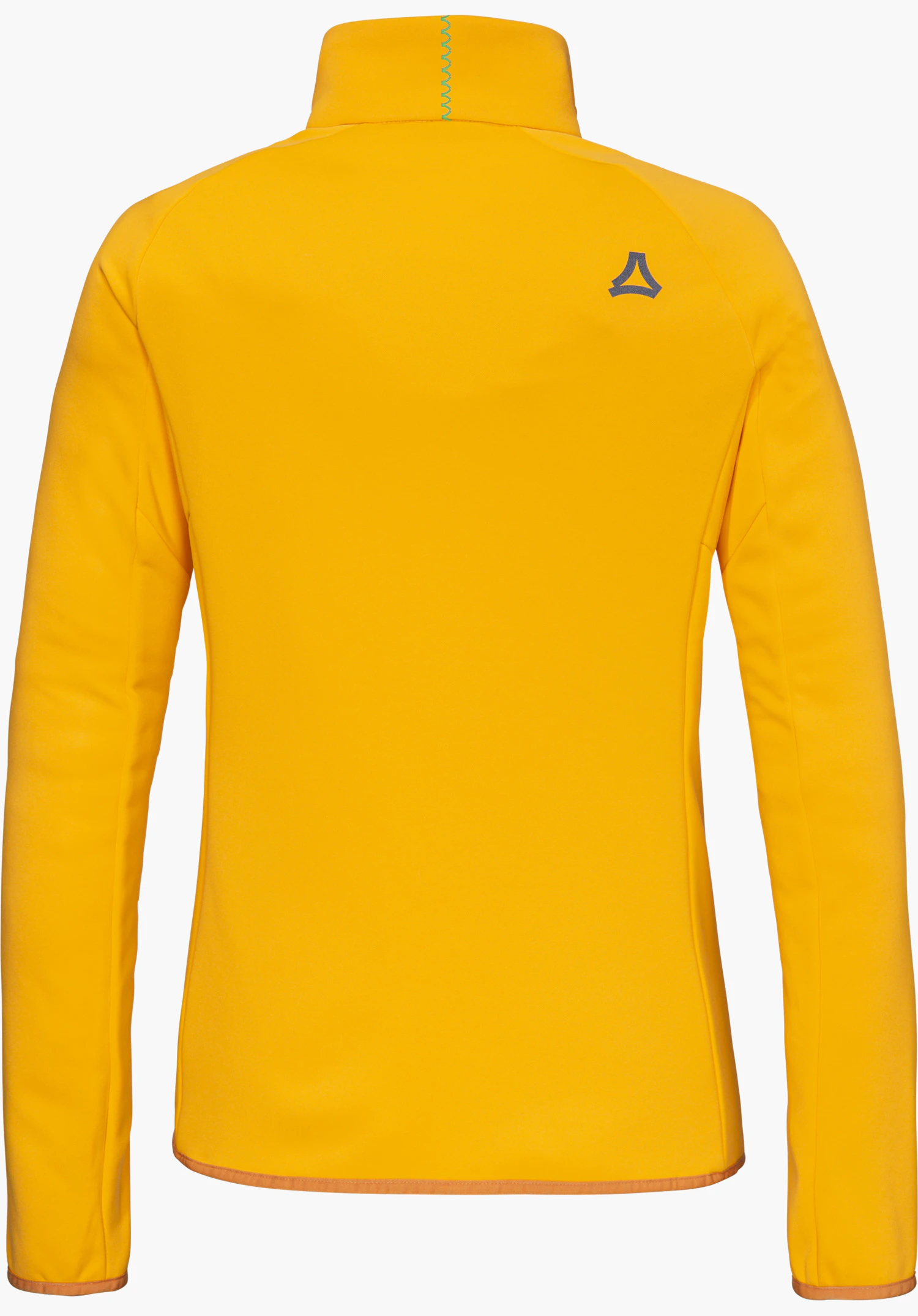 Hy Down Jk Style Cascata WMN, veste hybride jaune, vue de dos avec logo Schöffel gris sur l’épaule droite, détourée sur fond blanc.