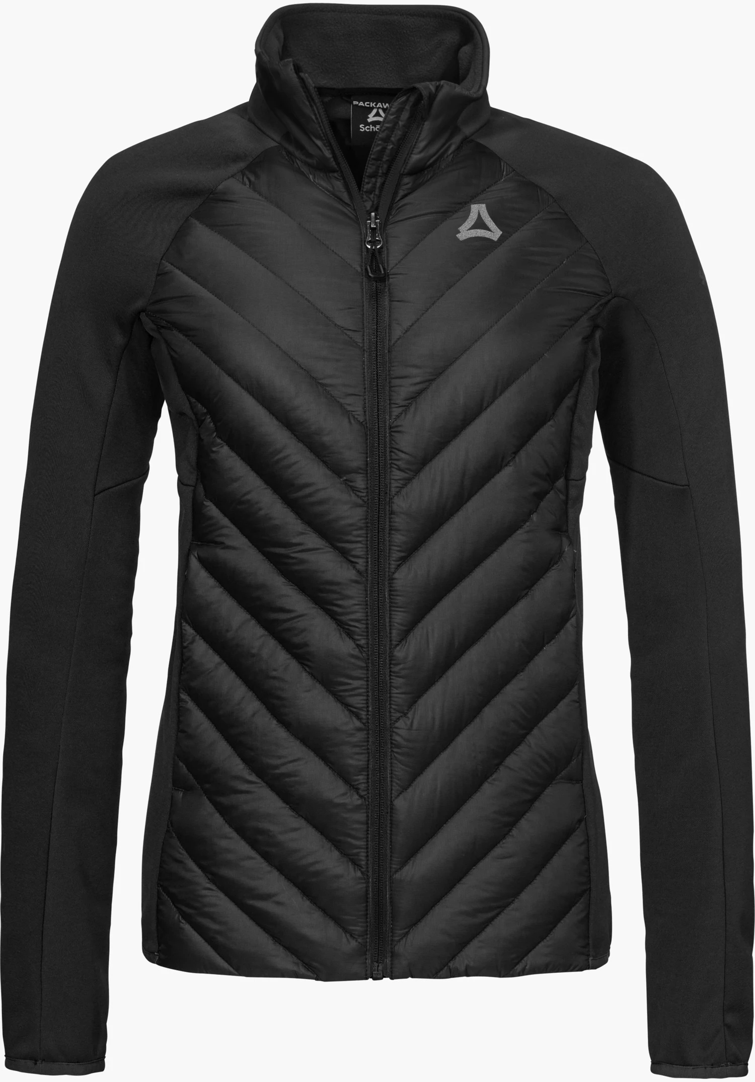 Hy Down Jk Style Cascata WMN Hybridjacke in gelb mit Stehkragen, Frontreißverschluss, gestepptem Vorderbereich sowie sichtbarem Schöffel-Logo auf der Brust und Schöffel-Schriftzug am Arm, freigestellt vor weißem Hintergrund.