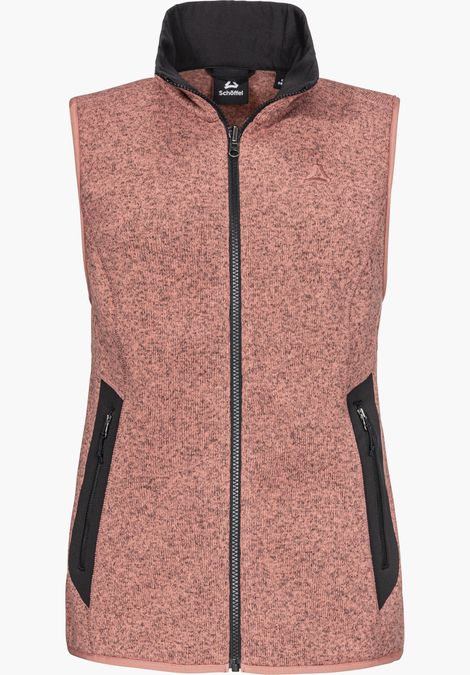 CIRC Fleece Vt Style Yew WMN vest with ZipIn! function in pink, shown from the front with a full-length zipper, stand-up collar, black side pockets and visible Schöffel logo, isolated on a white background.