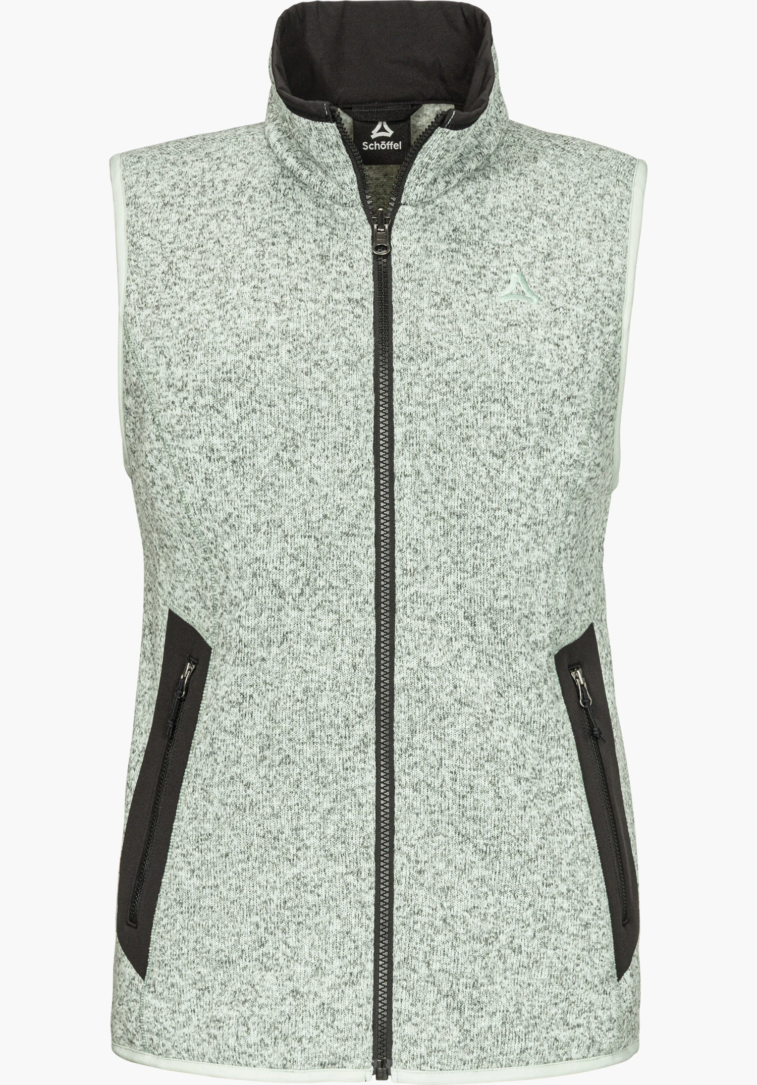 CIRC Fleece Vt Style Yew WMN vest with ZipIn! function in green, designed as a fleece vest with a full-length zipper, high collar, black pocket accents and embroidered Schöffel logo, isolated on a white background.