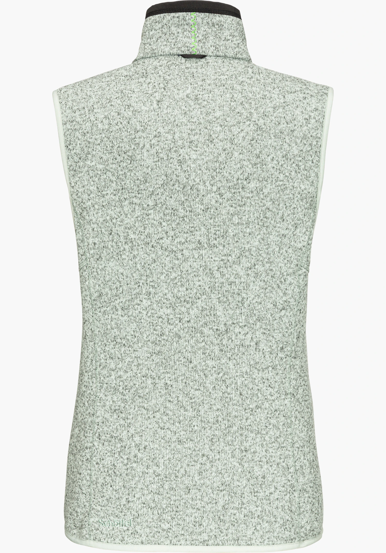 CIRC Fleece Vt Style Yew WMN vest met ZipIn!-functie in groen, achteraanzicht van het fleecevest met Schöffel-opschrift aan de onderzijde, vrijstaand op een witte achtergrond.